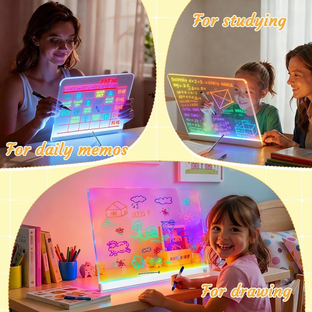 LED Drawing Board with 7 Colors & 3 Light Modes,Acrylic Glow Erase Note Board Includes Stand, 7 Markers, Spray Bottle,Perfect for Birthdays and Holidays (White, 1.81" L×7.87")