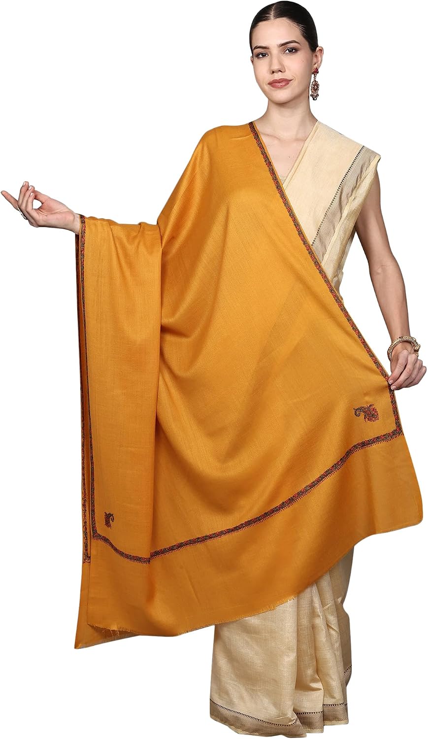 Exotic India Plain Kashmiri Kingri Shawl with Sozni Hand-Embroidery on Border