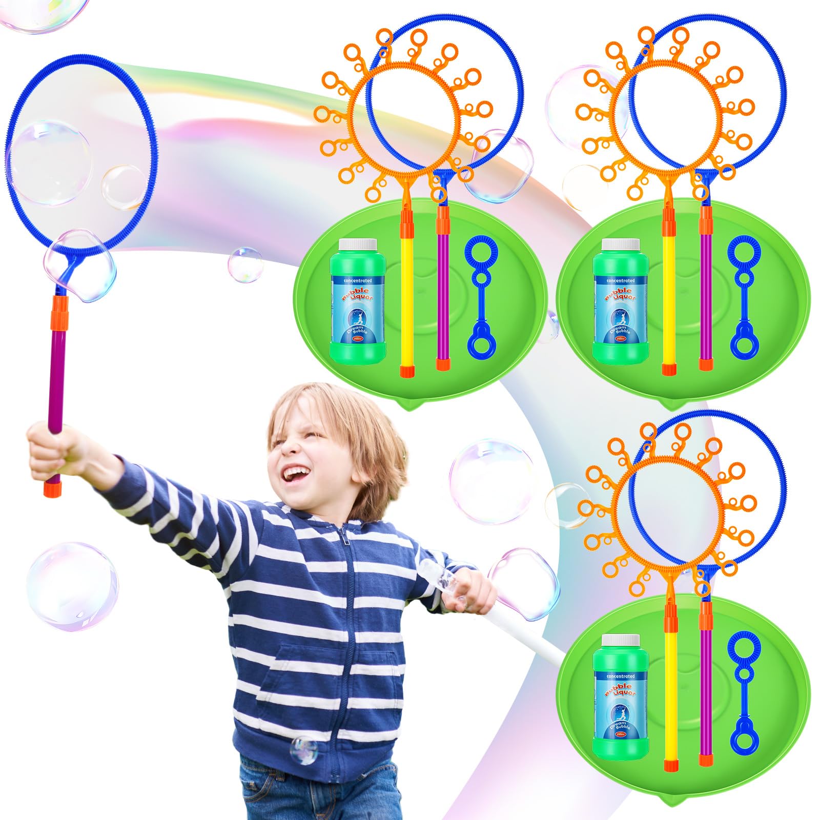 Lenwen 3 Sets Summer Giant Bubble Wands Set Big Bubble Maker Kit Large Bubble Wands Gigantic Bubbles Maker with Bubble Refill and Tray for School Birthday Outdoor Playtime Fun Activity Party Favors
