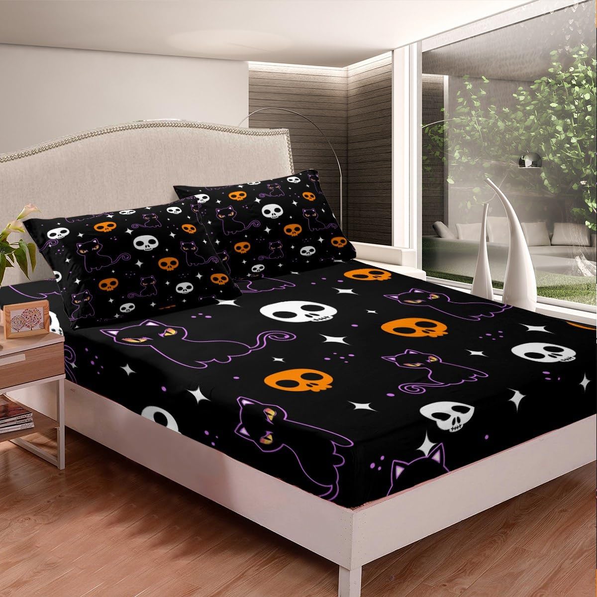 Erosebridal Gradient Black Cat Bed Sheets Set King Size,Halloween Skull Sheet Set for Youth Adult,Galaxy Moonight Sheets,Skeleton Flat Fitted Sheet with 2 Pillowcases,Halloween Decorations for Home