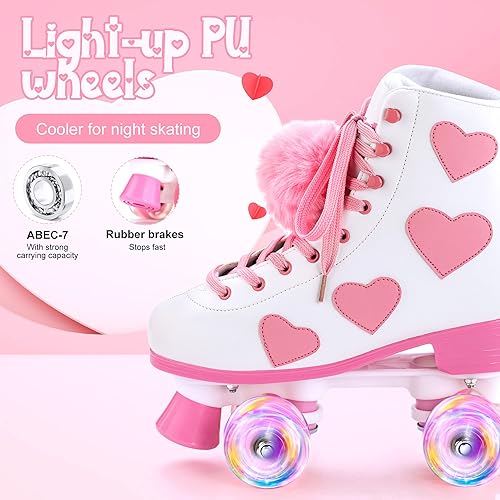 Miniatura 6 de Ruthfot Women's and Girl's Classic Roller Skates with Light up Wheels and Love Heart Pattern, High-top PU Leather Rollerskates