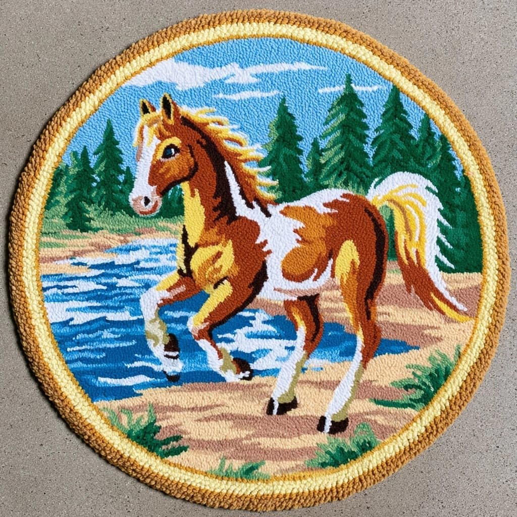 AMBATTERY Round Shape Latch Hook Kits Rug,Rivers and Horses