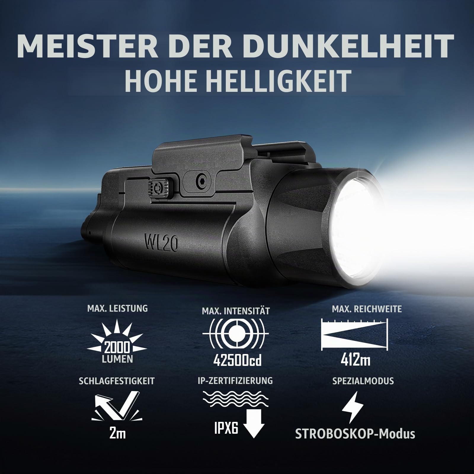 AIMWIN WL20 LED-Lampe, 2000 Lumen, wiederaufladbar, USB-C, lange Reichweite, 412 m, mit Stroboskop-Modus, kompatibel mit GL/Picatinny Schiene