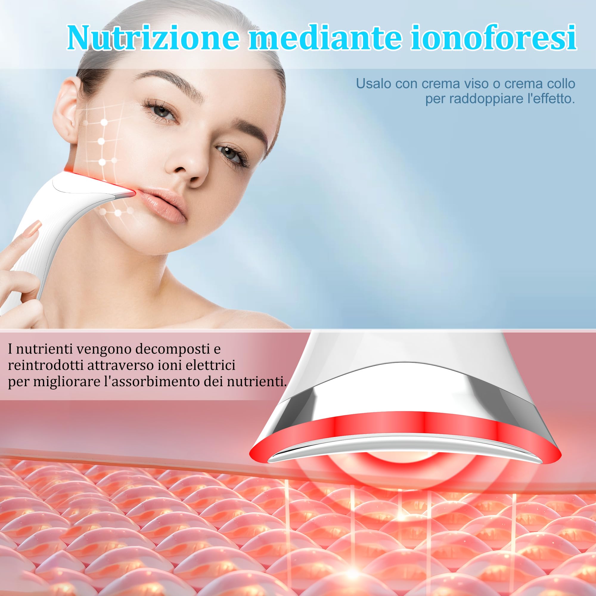 Massaggiatore Viso Antirughe, Dispositivo di Bellezza con 45 ℃ EMS per Lifting e Rassodamento Viso e Collo, Gua Sha Elettrico con 3 Modi LED Terapia Della Luce