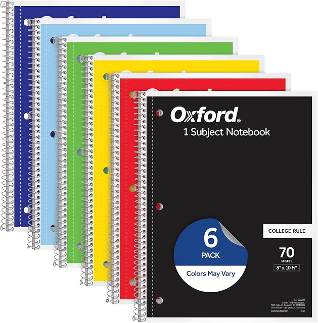 Oxford Les carnets de notes, 1 Sujet Spiral, College Ruled, 8" x 10.5", 70 Feuilles, 3-Hole Punched, Micro-perforé, Couleurs assorties, 6-Pack à l'école ou au bureau