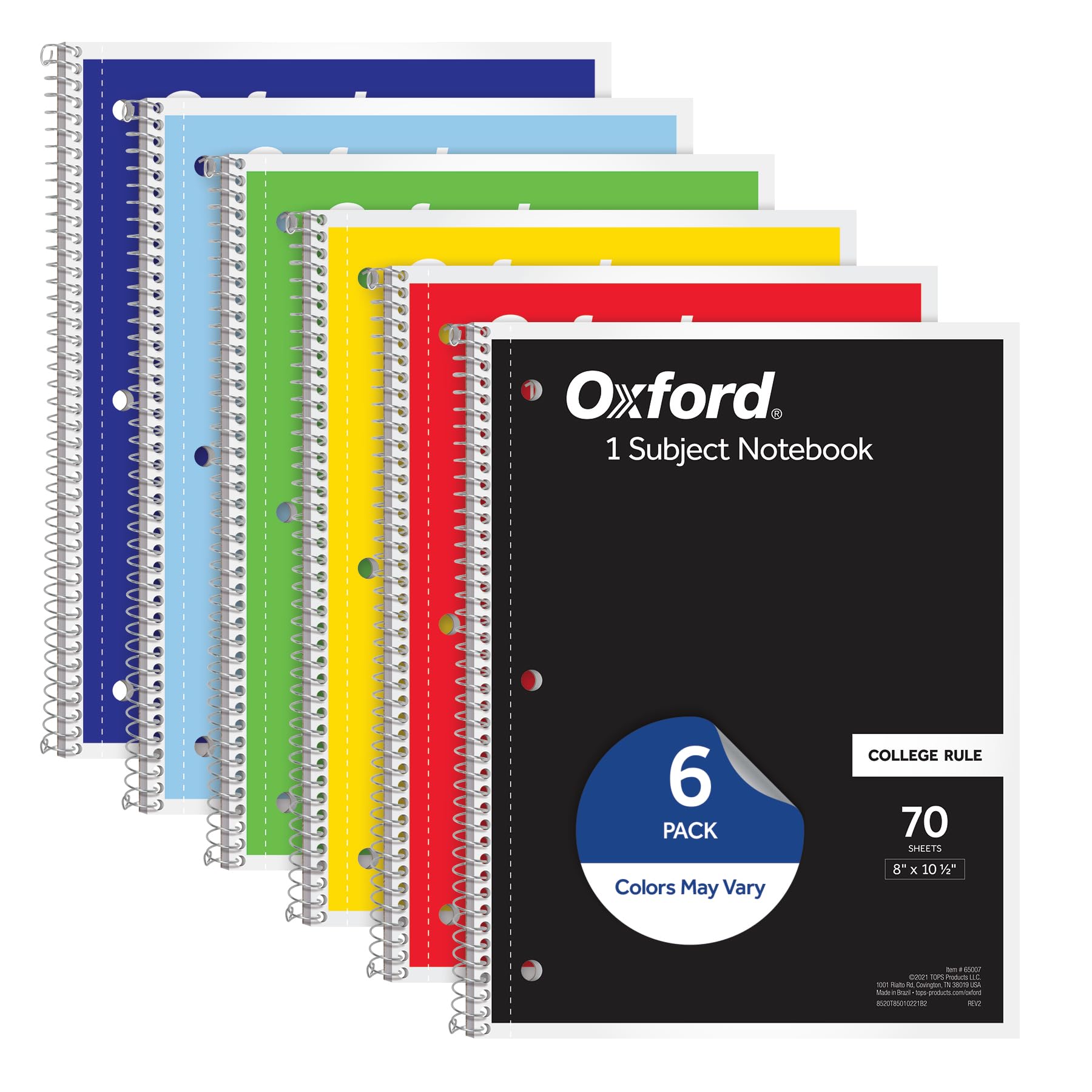 Oxford spiral notebooks assorted colors, pack of 6