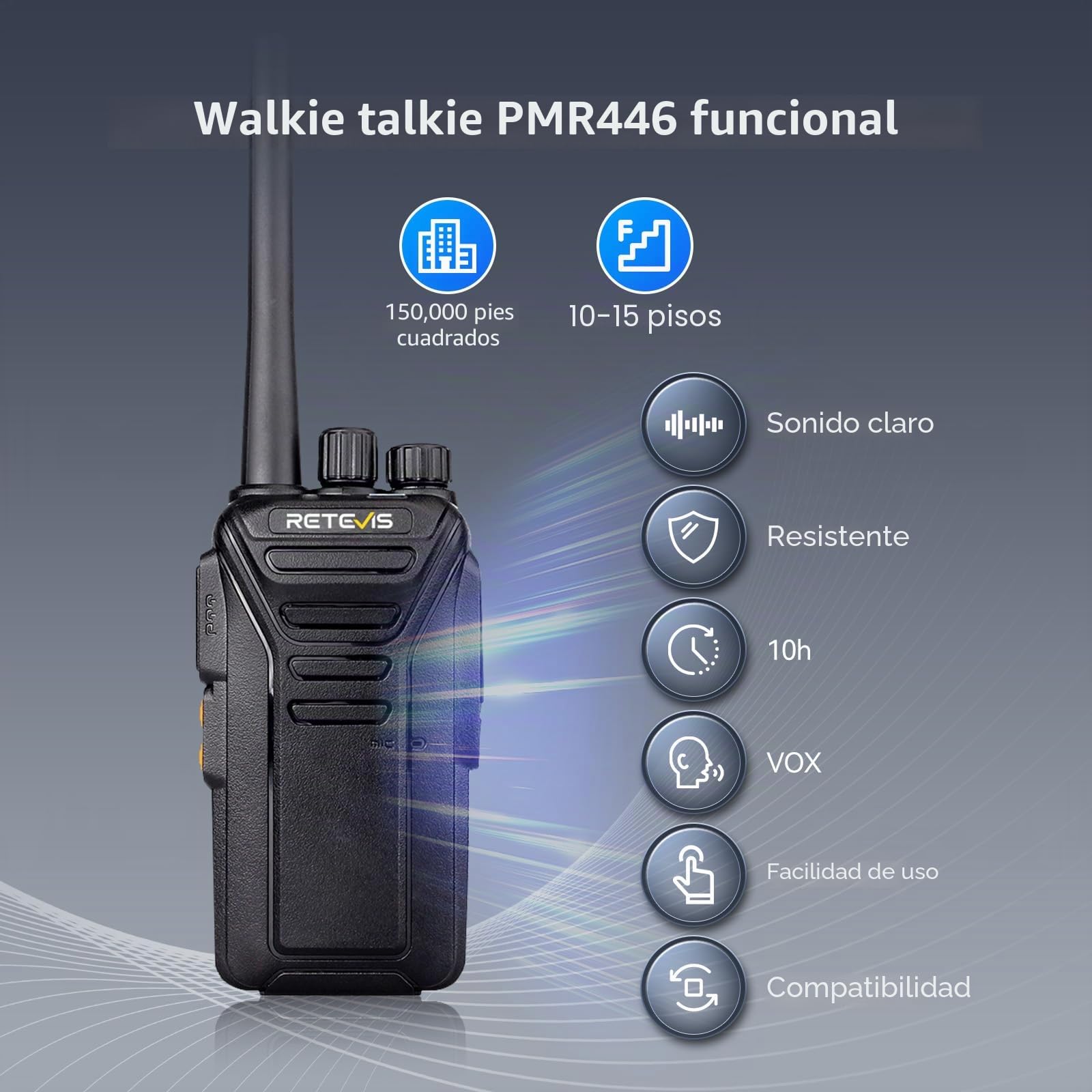 Retevis RT27 Walkie Talkie Profesional, Pinganillos Walkie Talkie Recargable con Cargador USB, PMR446 sin Licencia, 16 Canals, CTCSS/DCS, VOX, Walkies Profesionales (10 Unidades, Negro)