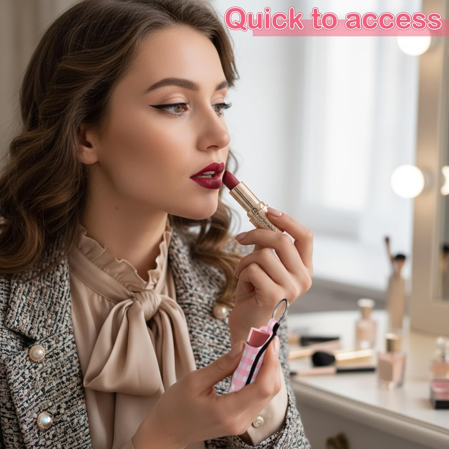 Quelay 40 Pcs Pink Lipstick Holder Keychain Bulk Preppy Bow Lip Gloss Sleeve Lip Balm Holder Gifts for Women