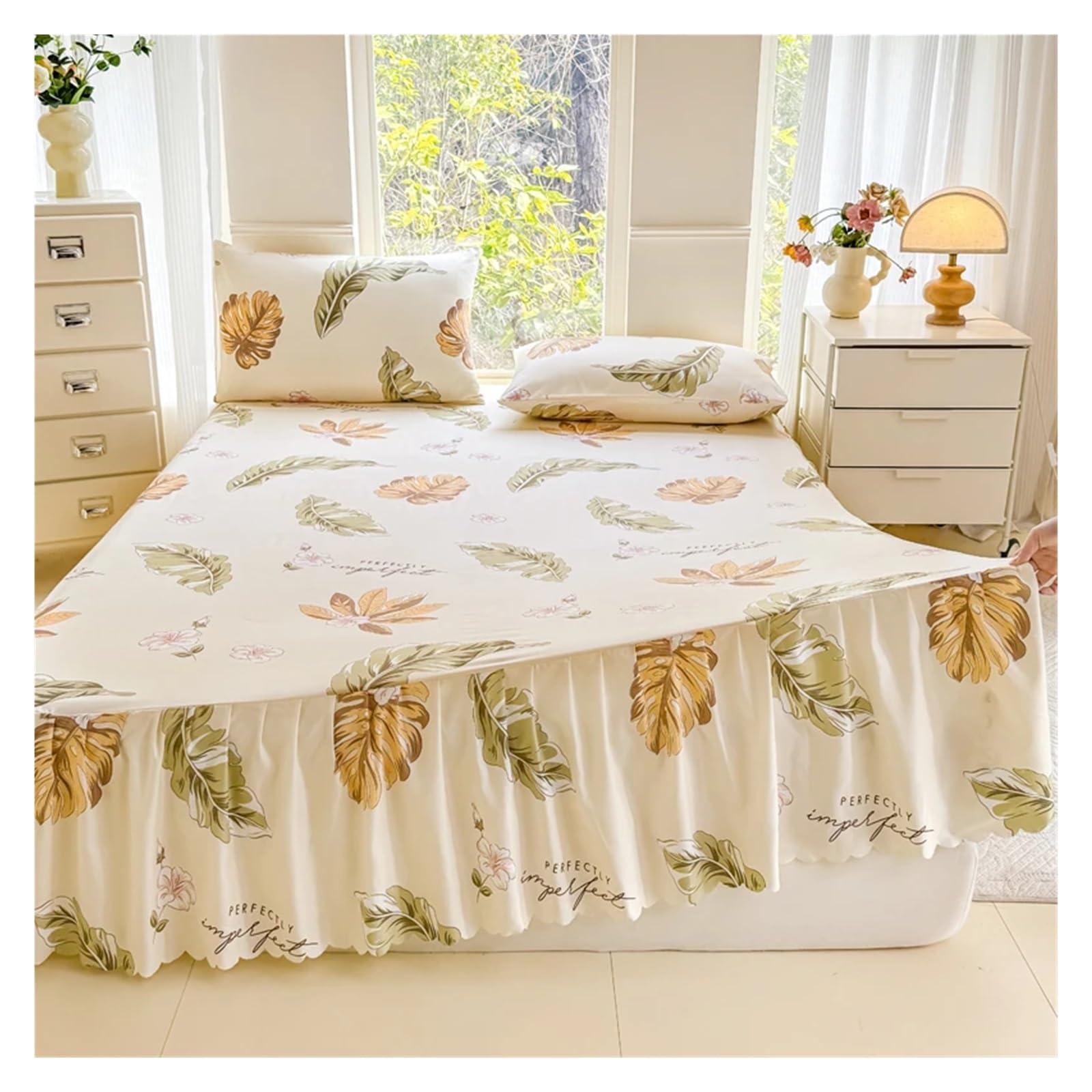 Falda de cama impresa con flores y volantes elegantes estilo planta