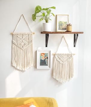 Mkono 2 Pcs Macrame Wall Hanging Boho Wall Art Decor Woven Chic Bohemian Room Decor for Bedroom Nursery Living Room Dorm Apartment, Small Size 13 L x 10 W and 16 L x 10 W