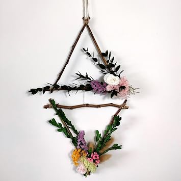 Dried Nature Flower Rack, Triangle Wreath 12, Wall Hanging Farmhouse Decoration, Preserved Real Flowers, Babys Breath, Green Leaves, Handmade Home, Hotel, Cafe House Decor 2 Set