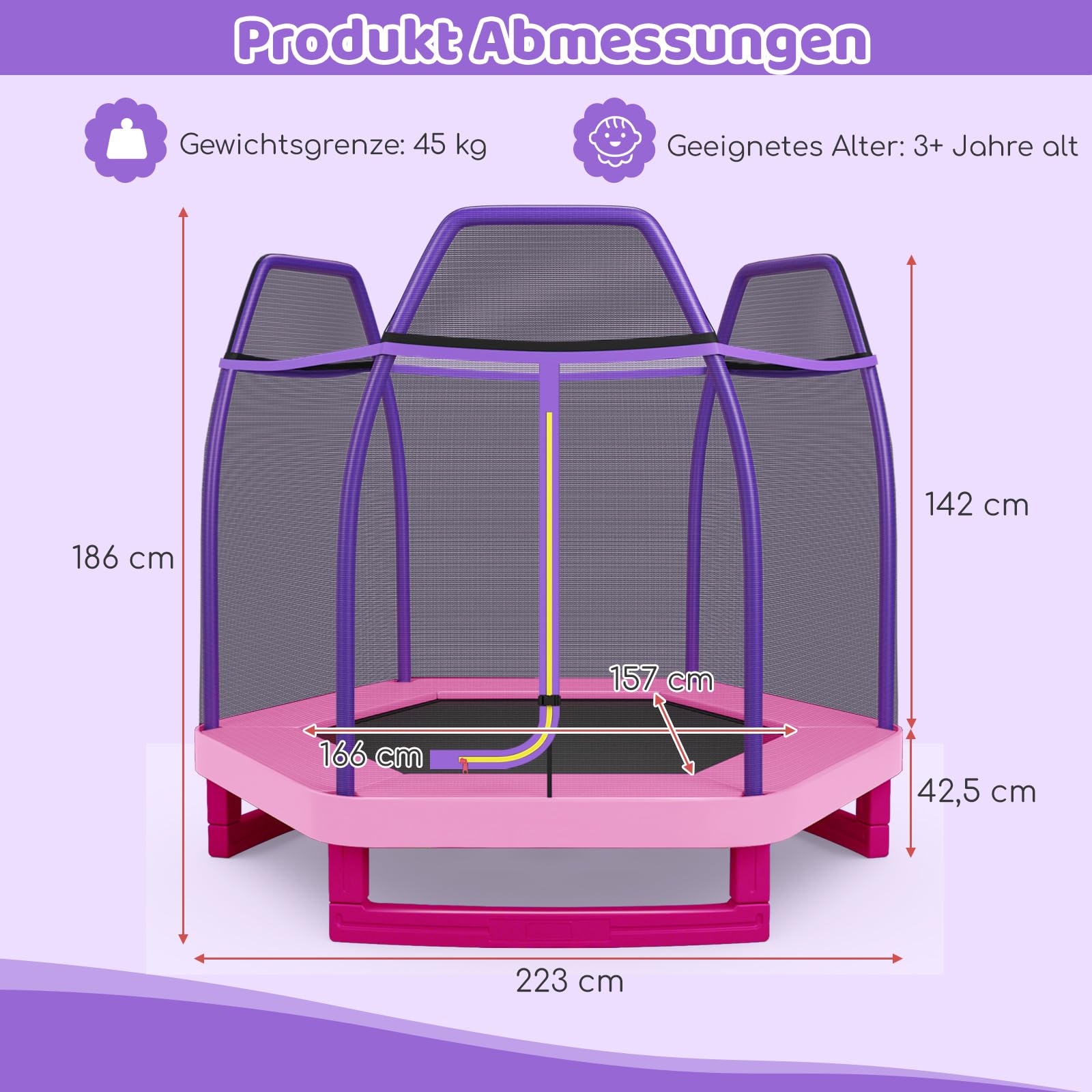 COSTWAY Ø223cm Gartentrampolin mit Sicherheitsnetz, gepolsterten Stangen & Randabdeckung, Trampolin Kindertrampolin bis 150KG belastbar, Indoor-/Outdoortrampolin für Kinder ab 3 Jahre