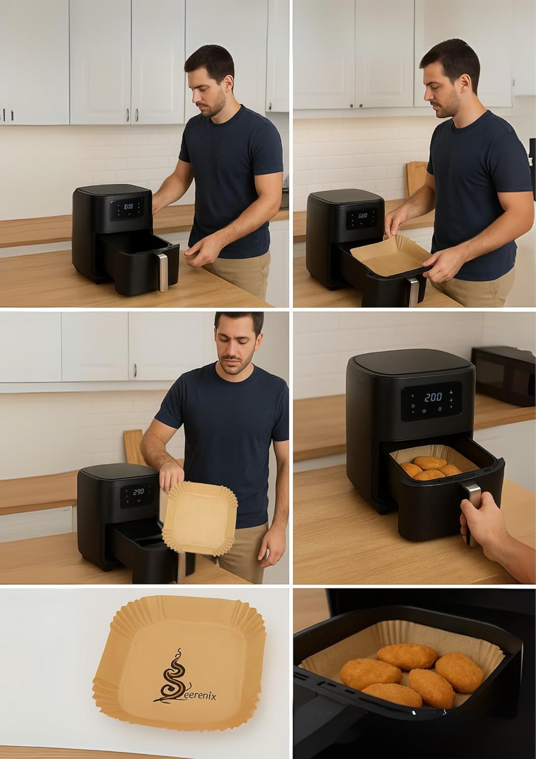 SERENIX - AirFryer Paper 100 pieces - Square 20 x 24 CM - Non-stick - Resistant Liquids - 220 Degrees - Silicone Baking Paper - Microwave - Air Fryer Accessories - Parchment (PAPEL)