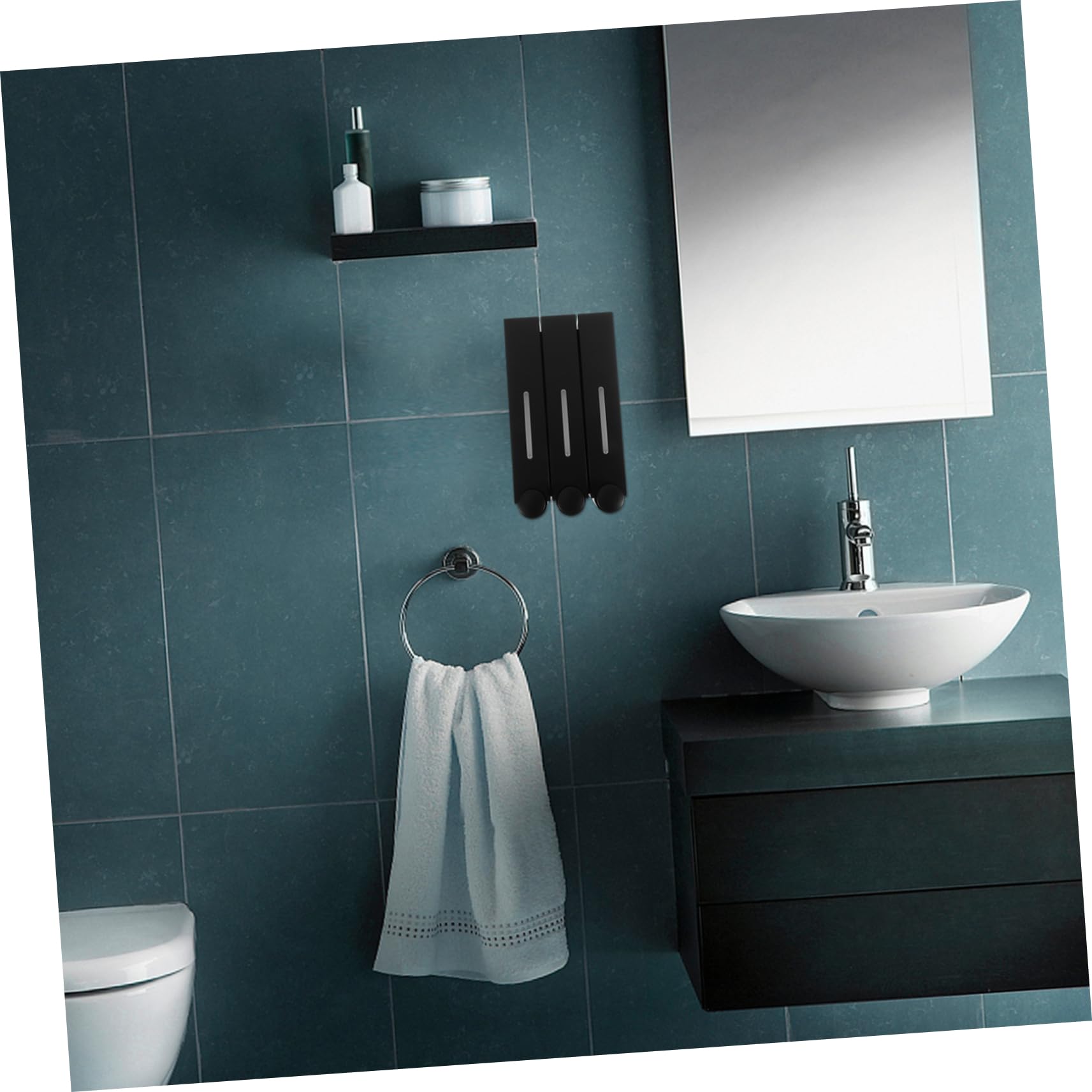 Dispensador de Champú para Ducha de 3 Cámaras Negro Abs | Montaje en Pared, Diseño Manual de Triple Cabezal, Acabado Pvc y Formato Compacto para Baño