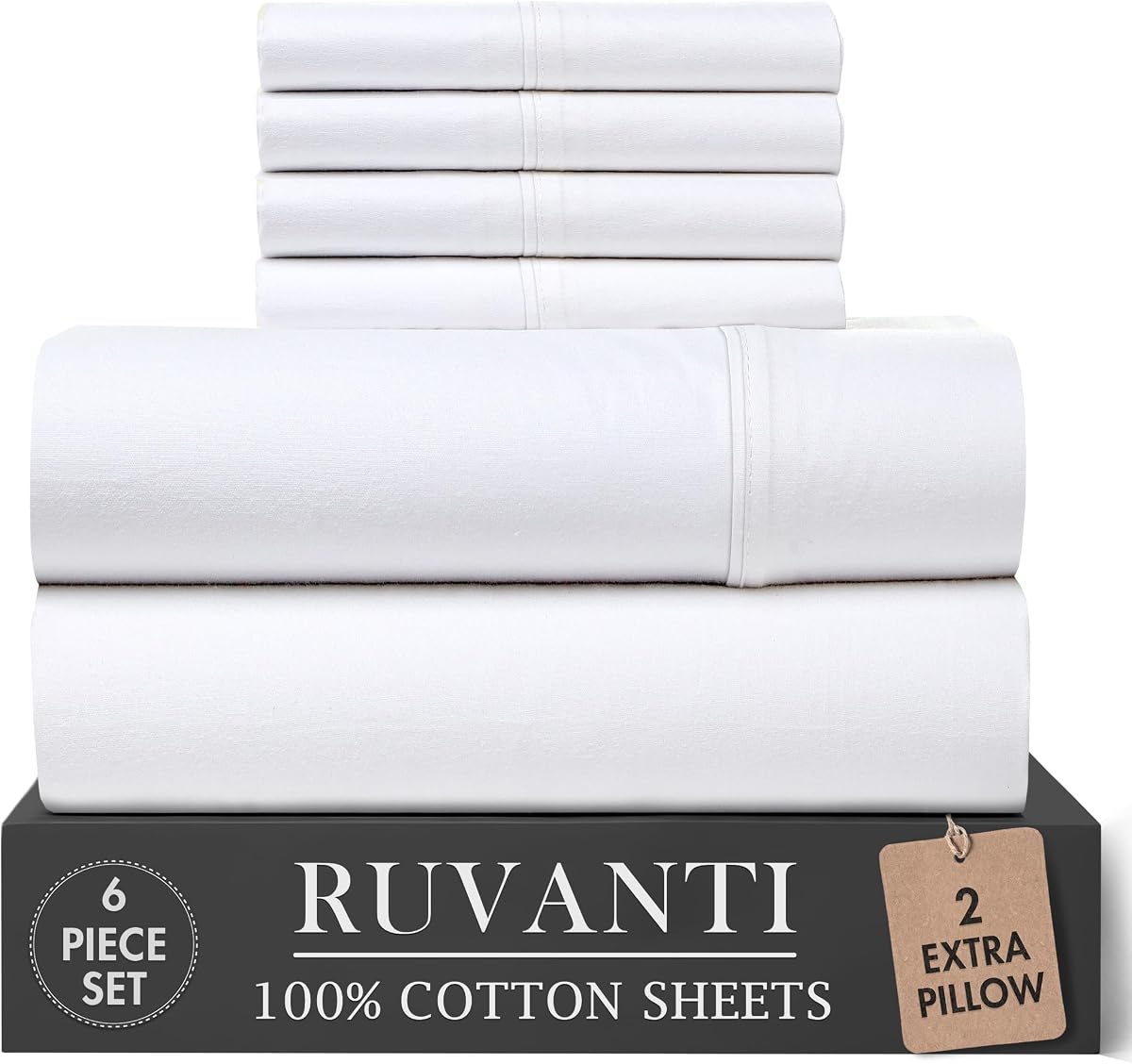 RUVANTI 100% Cotton Percale Sheets Full Size, Bright White | Cooling Bed Sheets for Hot Sleepers, Deep Pocket 16”, Breathable Lightweight & Durable, Crisp Hotel Style Sheets, 6 Piece set