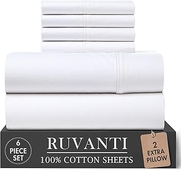 RUVANTI 100% Cotton Percale Sheets Queen Size 6 Piece Set, Cooling Bed Sheets for Hot Sleepers, Deep Pocket 16, Breathable Lightweight & Durable, Crisp Hotel Style Sheets, Bright White