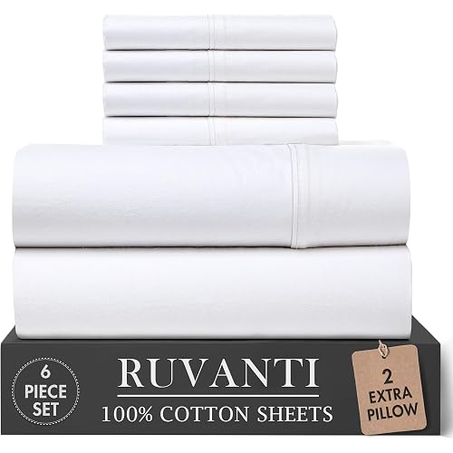 RUVANTI 100% Cotton Percale Sheets, Queen Size, 6 Piece Set, Bright White | Cooling for Hot Sleepers, Deep Pocket 16", Breathable Lightweight & Durable, Crisp Hotel Style