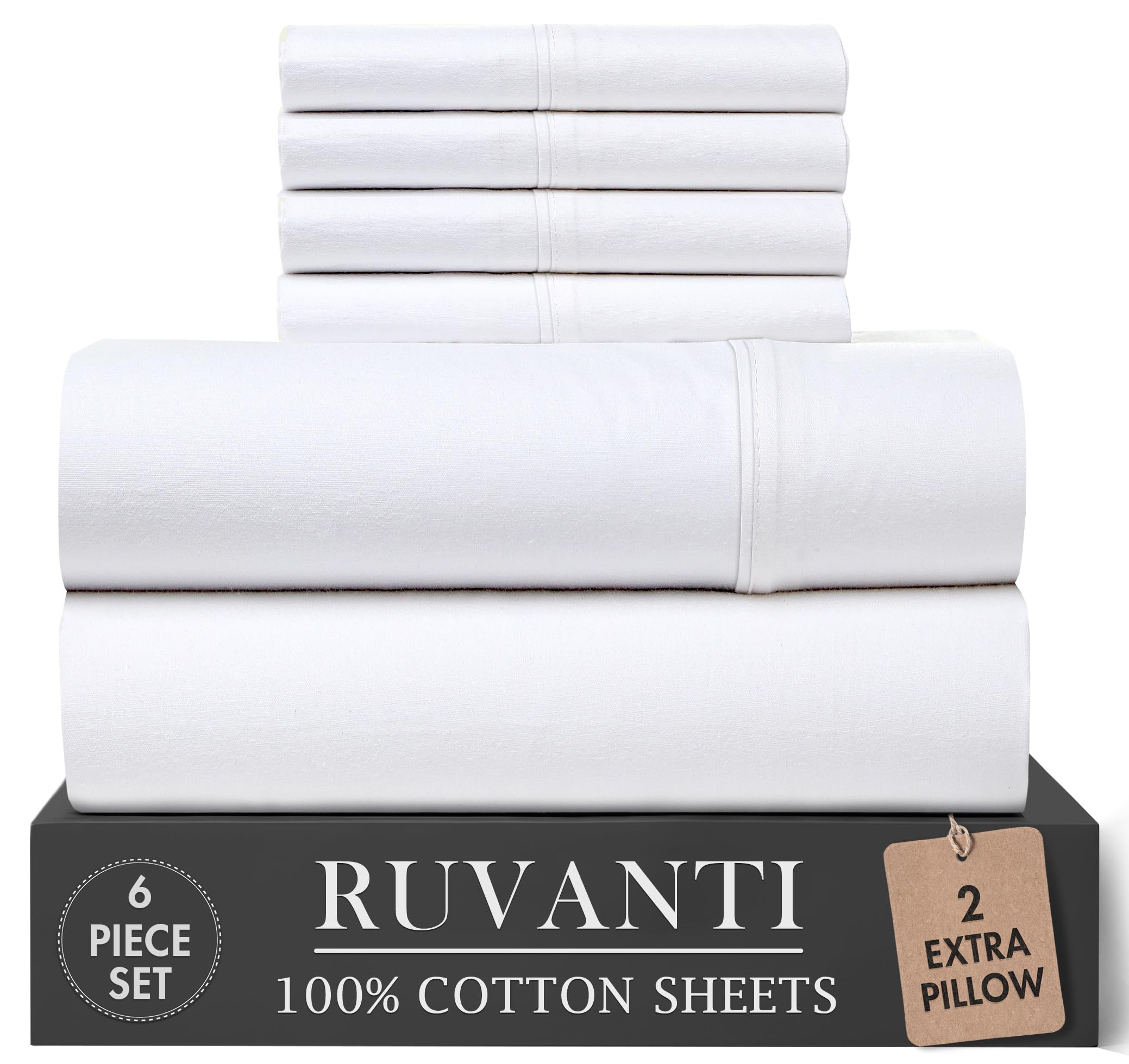 RUVANTI 100% Cotton Percale Sheets Full Size, Bright White | Cooling Bed Sheets for Hot Sleepers, Deep Pocket 16”, Breathable Lightweight & Durable, Crisp Hotel Style Sheets, 6 Piece set