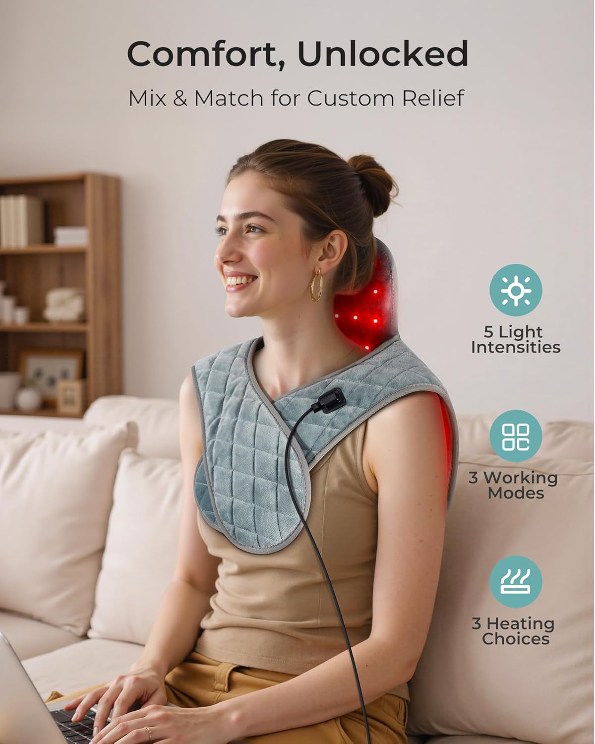 Red Light Therapy for Neck and Shoulder, Infrared Light Therapy for Shoulder/Back, Red Light Therapy for Body Pain Relief with Pulse/ 9 Timer/ 5 Light Intensity/ 3 Working & Heating Mode/ 660nm&850nm - Image 4