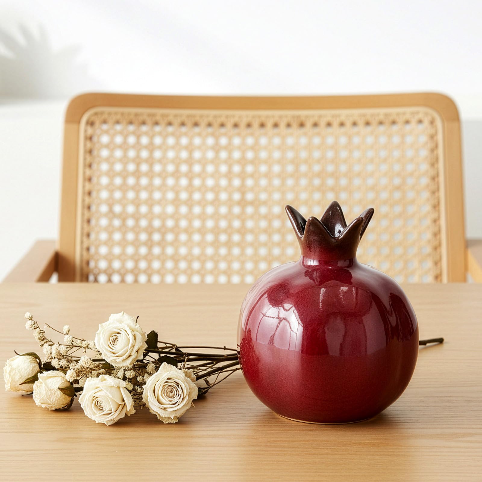GREENSAPPIRE Flower Vase Ceramic Pomegranate Vase Decorative Ornament, Glossy Fruit Shape Flower Vases for Tabletop, Shelf & Kitchen Décor, Unique Home Accessory Gift (Red)