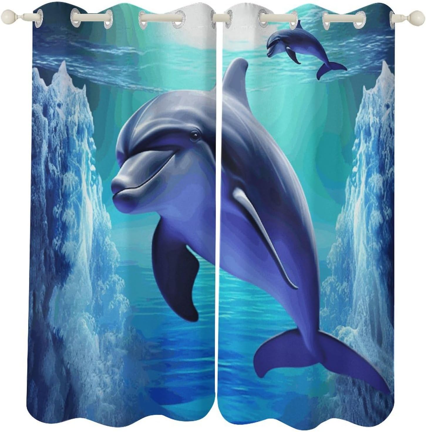 Dolphin Printed Perforated Curtains, Insulated Curtains for Winter, Thermal Drapes are Suitable for Most Windows, Balconies