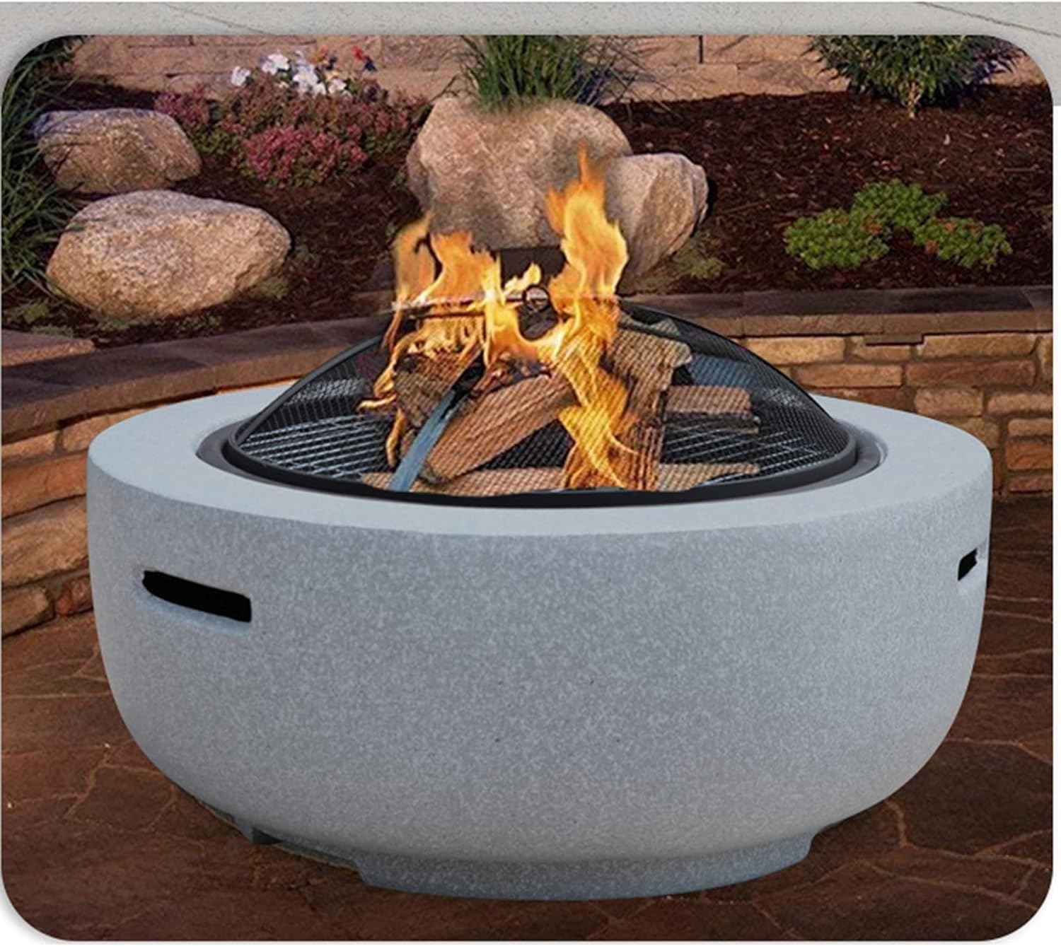 Outdoor Fire Pit Garden Wood Burning Fire Pit BBQ Table, Outdoor Wood Burning Fire Bowl with Spark Screen Cover and Poker, 60cm