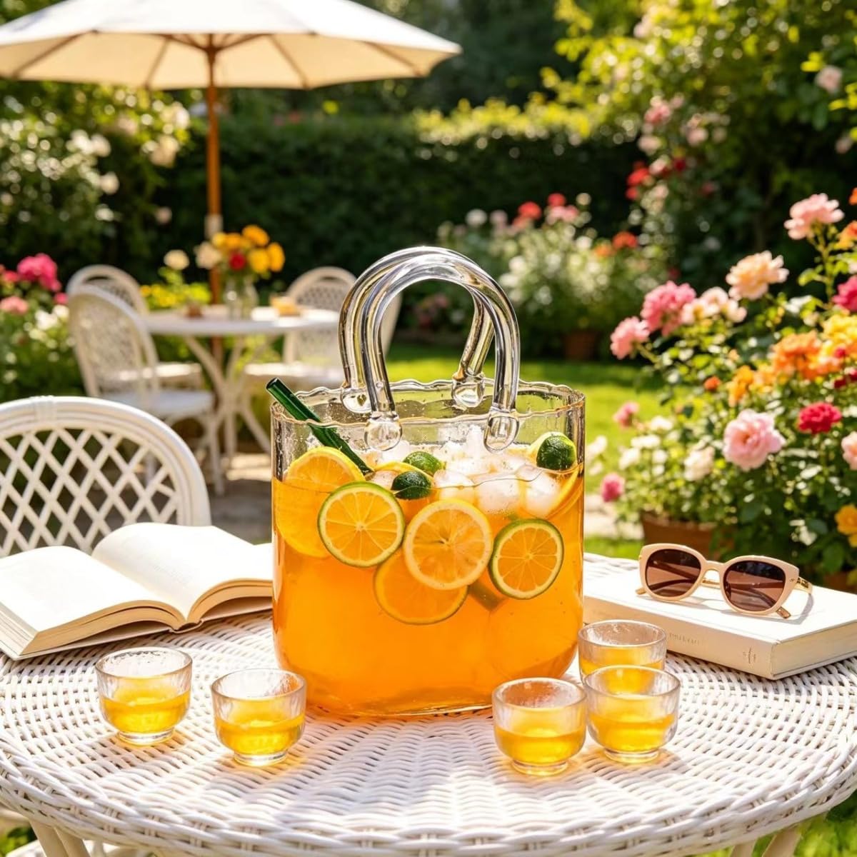Set di brocche in vetro a forma di borsa con 6 tazze e cucchiaio, caraffa in vetro borosilicato per succhi, cocktail, fiori, decorazioni per feste e bar