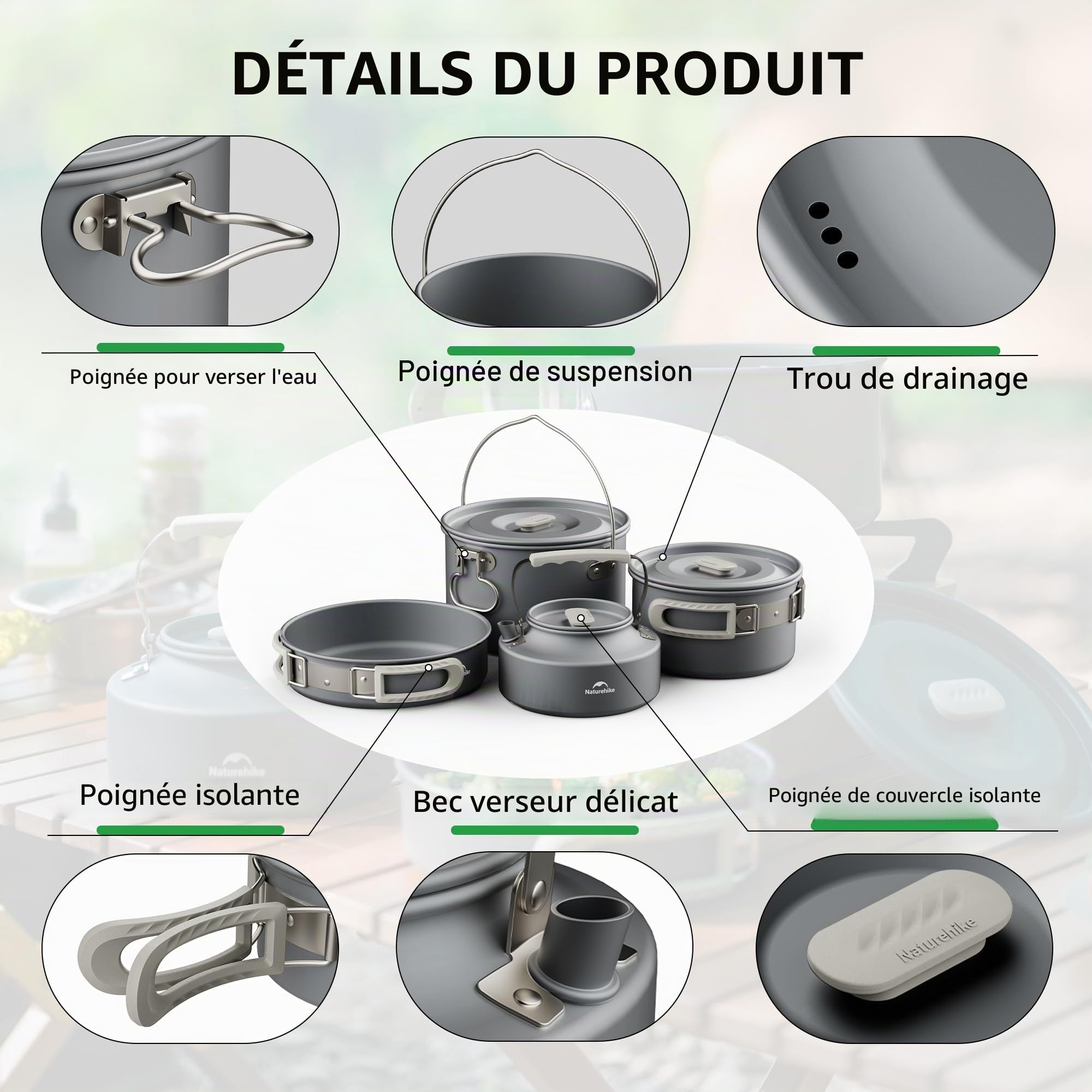 Naturehike 2-4 & 4-7 Personnes Kit de Batterie de Cuisine de Camping pour Équipement de Sac à Dos - Réchaud de Camping Portable et Réchaud de Sac à Dos Compatible - Accessoires de Camping