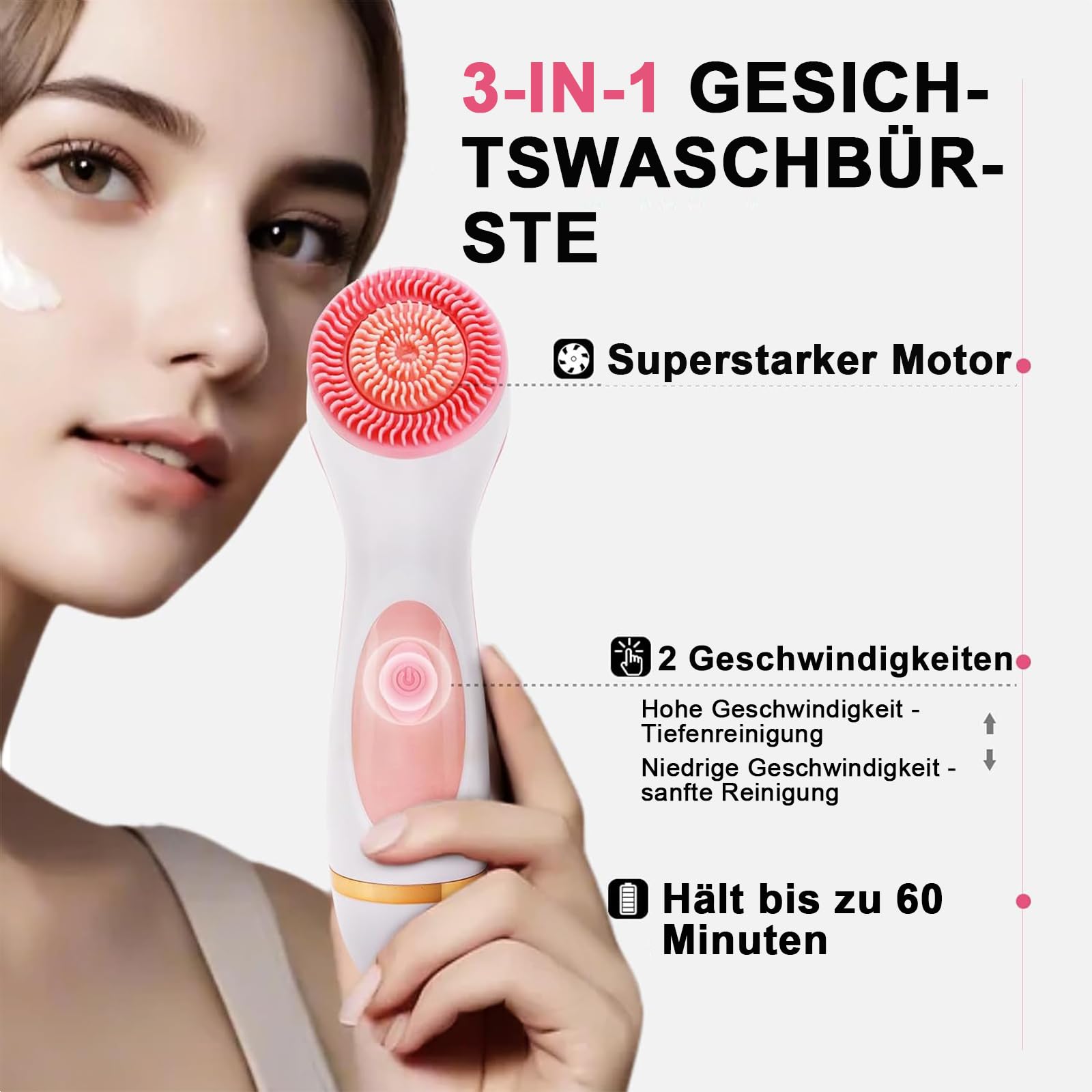 Maxspace Gesichtsreinigungsbürste, IPX7 Wasserdichte Gesichtsbürste Elektrisch mit 3 Bürstenköpfen und 2-stufige Rotation, Reinigungsbürste Gesicht für Gesichtsreinigung Exfoliation (Rosa)