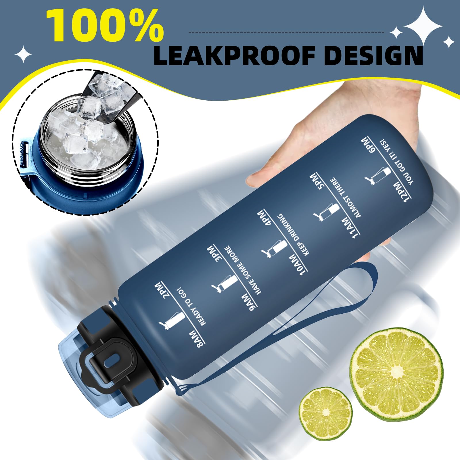 Botella Agua 1 litro, A Prueba de Fugas Cantimplora con Pajita, Botella Agua Gimnasio, Diseño de Cerradura, Cantimplora con Marcador de Tiempo para Exterior, Oficina, Deportes, Gimnasio - 4