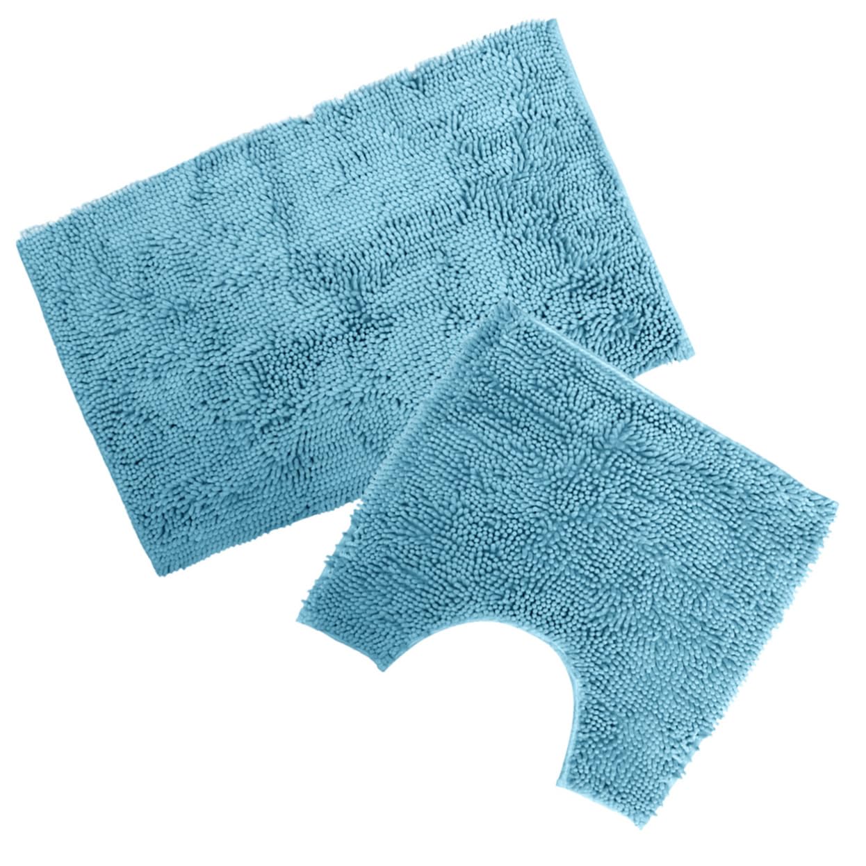Tapis de Bain Absorbants et Antidérapants Bleu en Chenille Lot de 2 Faciles à Nettoyer, pour Salle de Bain Cuisine
