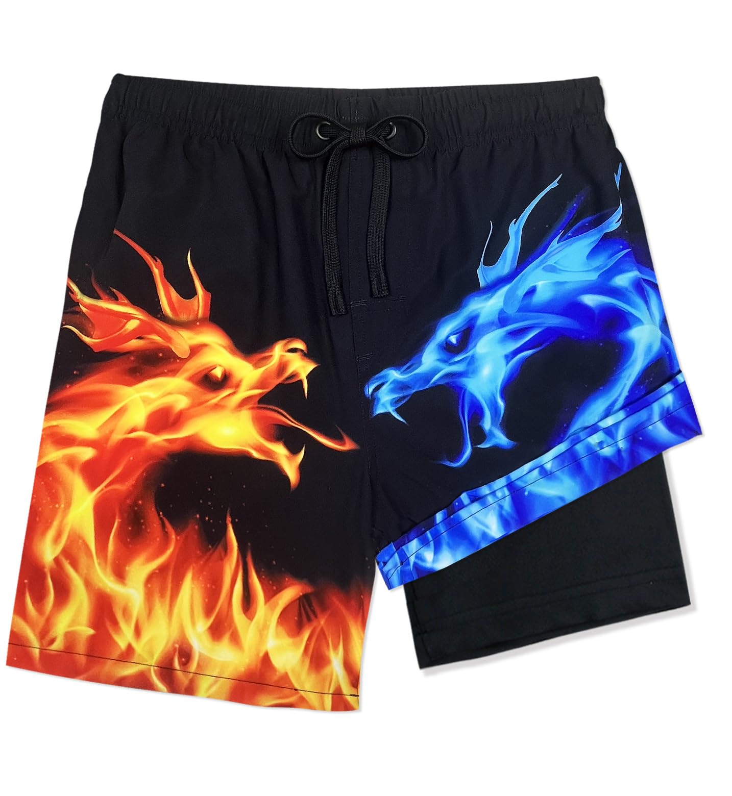 LUCOWEE Boys Bathing Trunks Zipper Pockets Boxer Lined Anti Chafe Quality Swimming Shorts Swimsuits Stretchy Light Weight Quick Dry UPF 50+ Water to Land Ice Fire Dragon Size 10-12