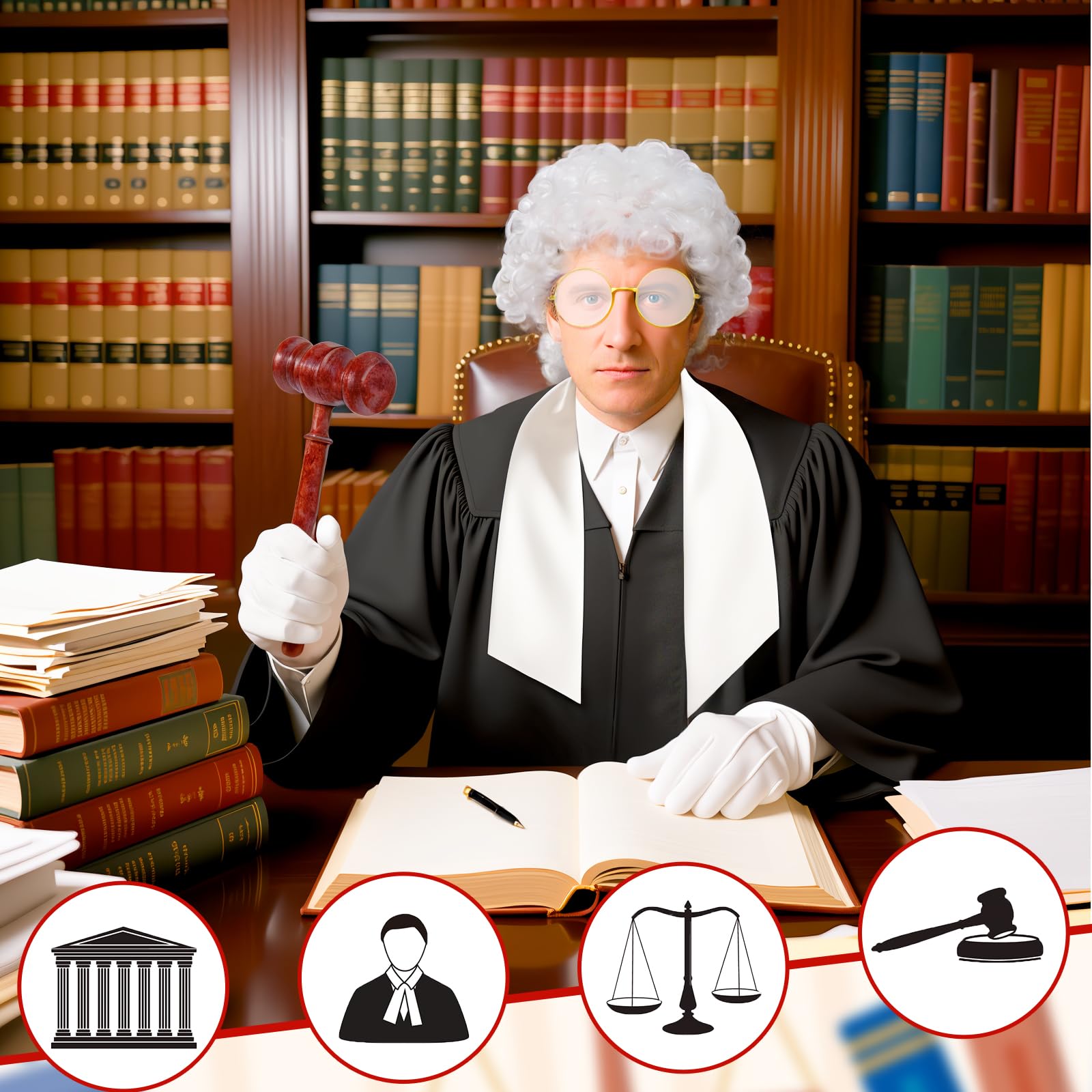 Kyndara 7Pcs Judge Costume Set for Adults Court Lawyer Fancy Dress Outfit Kit with Wig Robe Glasses Gloves Gavel Collar Brooch for Courtroom Cosplay Makeup Theme Party Halloween - Image 4