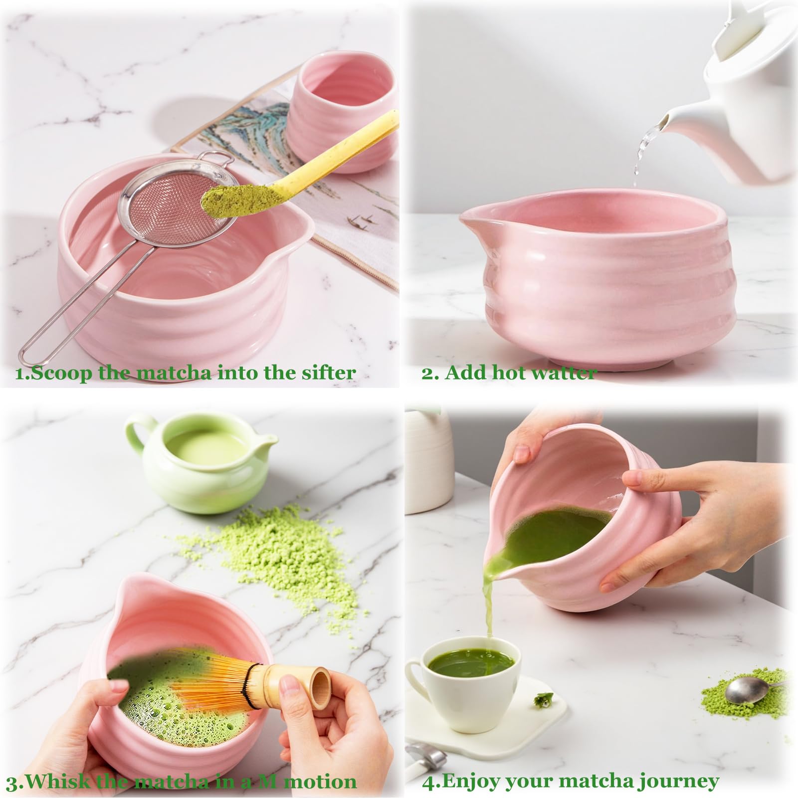 Matcha Set 9-Teiliges, Matcha Set Rosa mit Matcha Besen,Chasen,Matcha Schale,2 Matcha Tasse,Sieb,Löffel, Keramikschaufelständer,Teetuch aus Baumwolle Macha Tea Set Für Matcha-Liebhaber