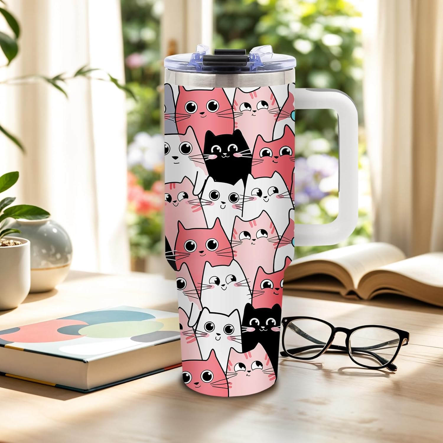 DUUV Cat Gifts for Women, Cat Tumbler for Mom Girls Friends Sister, Gifts for Birthday Christmas Thanksgiving, 40 Oz Tumbler with Handle and Straw Cats, 1PCS - Image 2