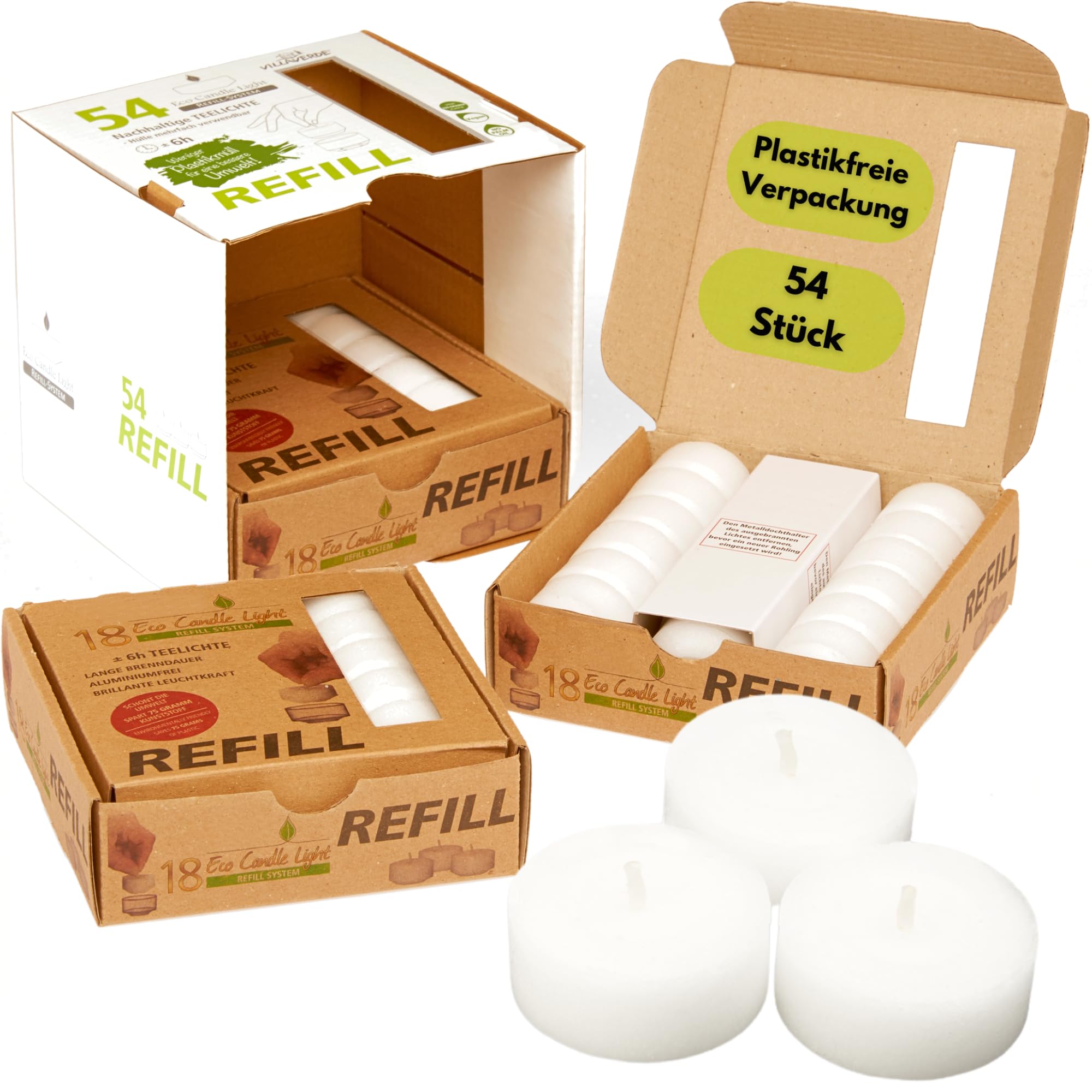 Candelo Eco Refill - Velas de té (54 unidades, cera en bruto sin funda, para portavelas reutilizables y portavelas, sin plástico, sin olor, 6 horas de combustión, paquete de almacenamiento sostenible)
