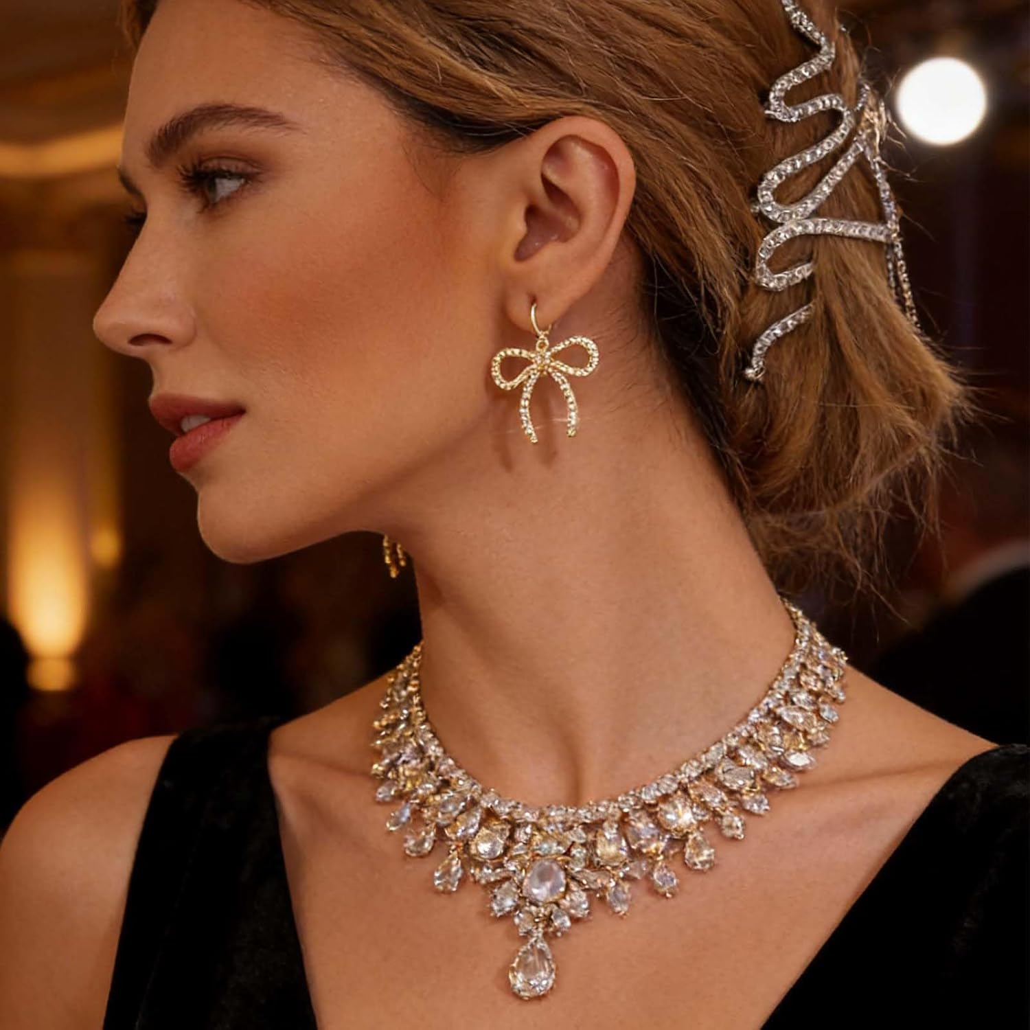 Vintage Crystal Bow Dangle Earrings Rhinestone Drop Earrings Hollow Bow Hoop Huggie Earrings Gold Cz Bowknot Earrings Jewelry for Women - Image 2