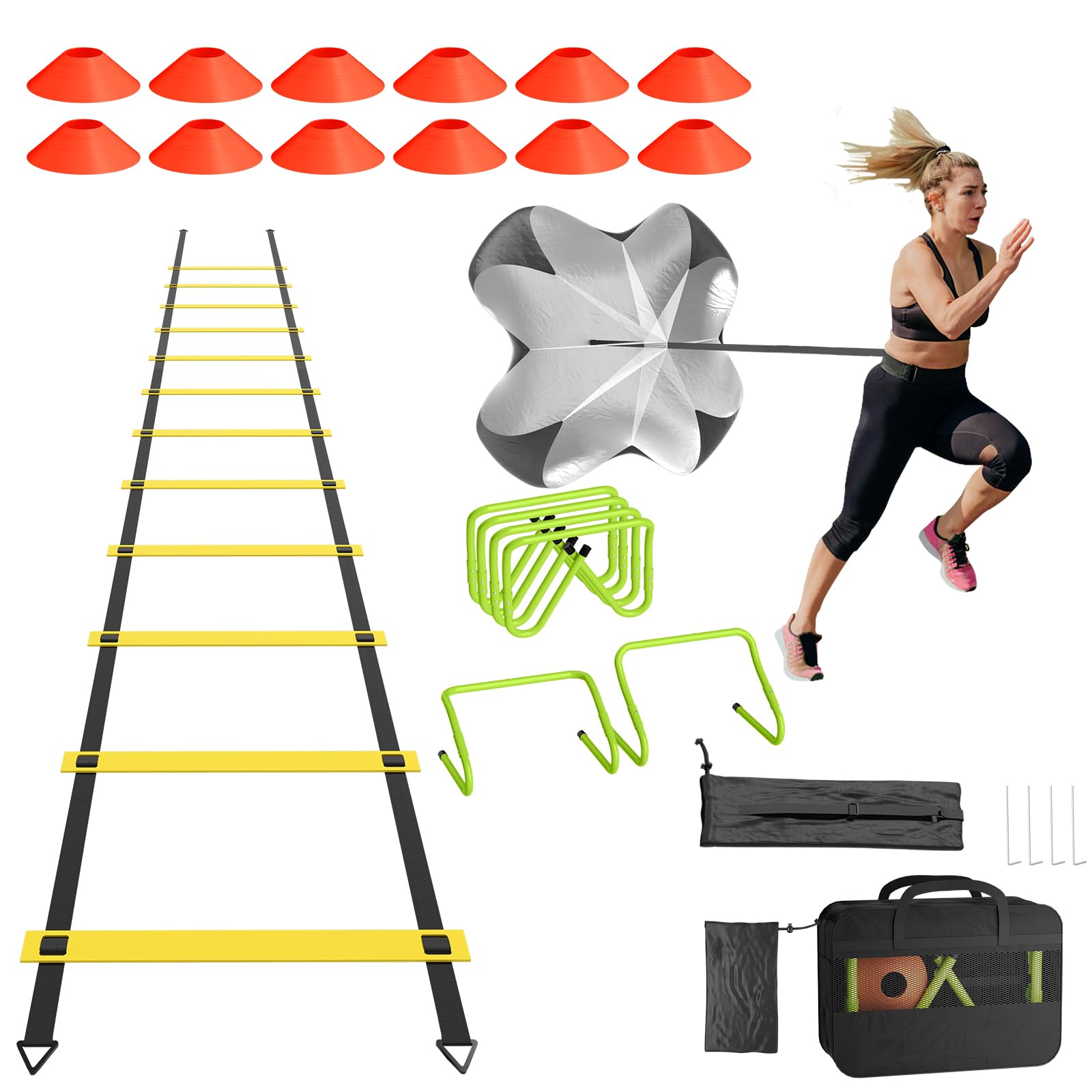 ACXIN Set de entrenamiento de fútbol con escalera de coordinación de 6 m, 10 conos, 5 bandas de resistencia, dispositivo de fitness para velocidad y agilidad