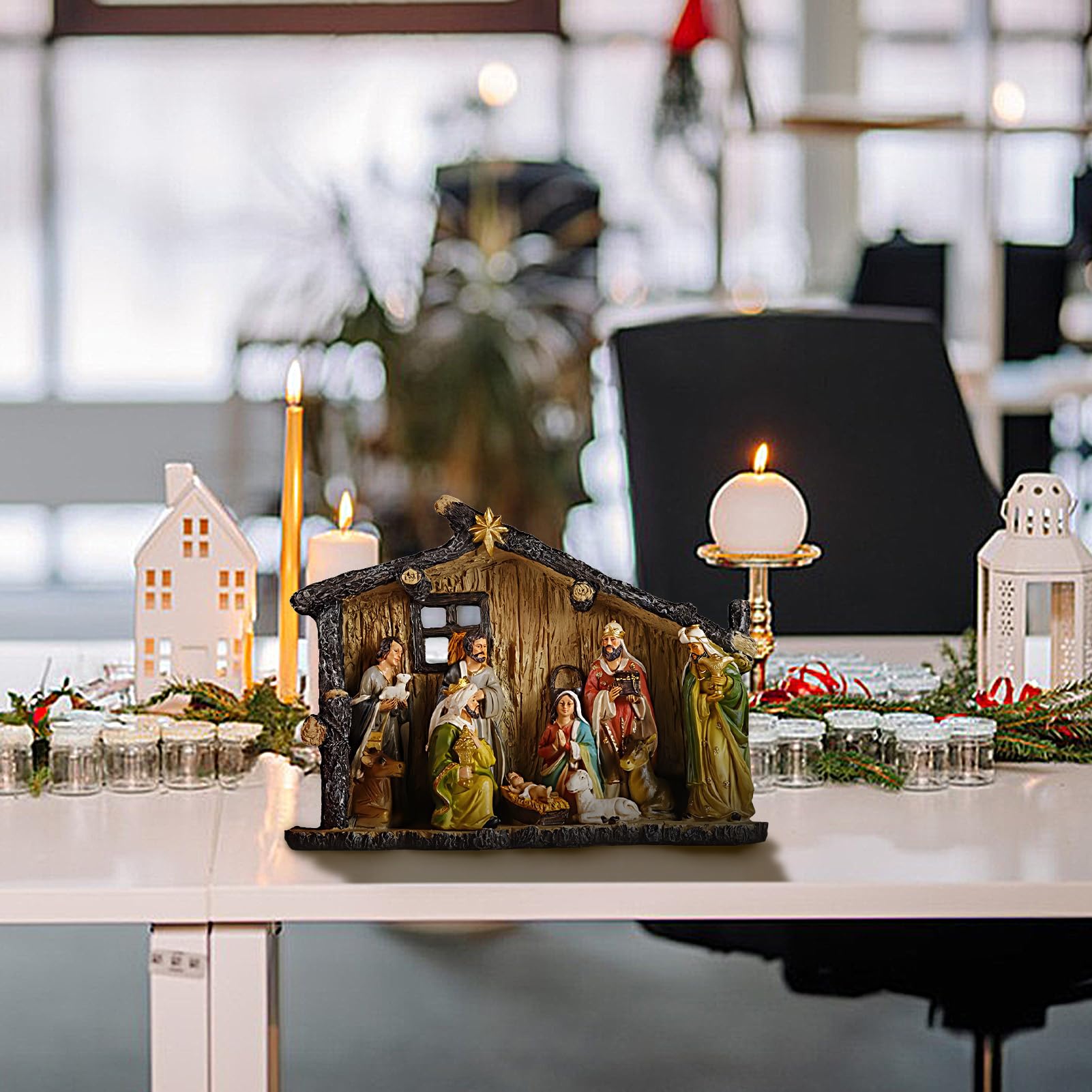 Scena della Natività - Decorazioni di Statue di Natale da 38 cm - Statuine della nascita di Gesù in resina con asilo nido - per tavolo caminetto famiglie cattoliche chiesa casa