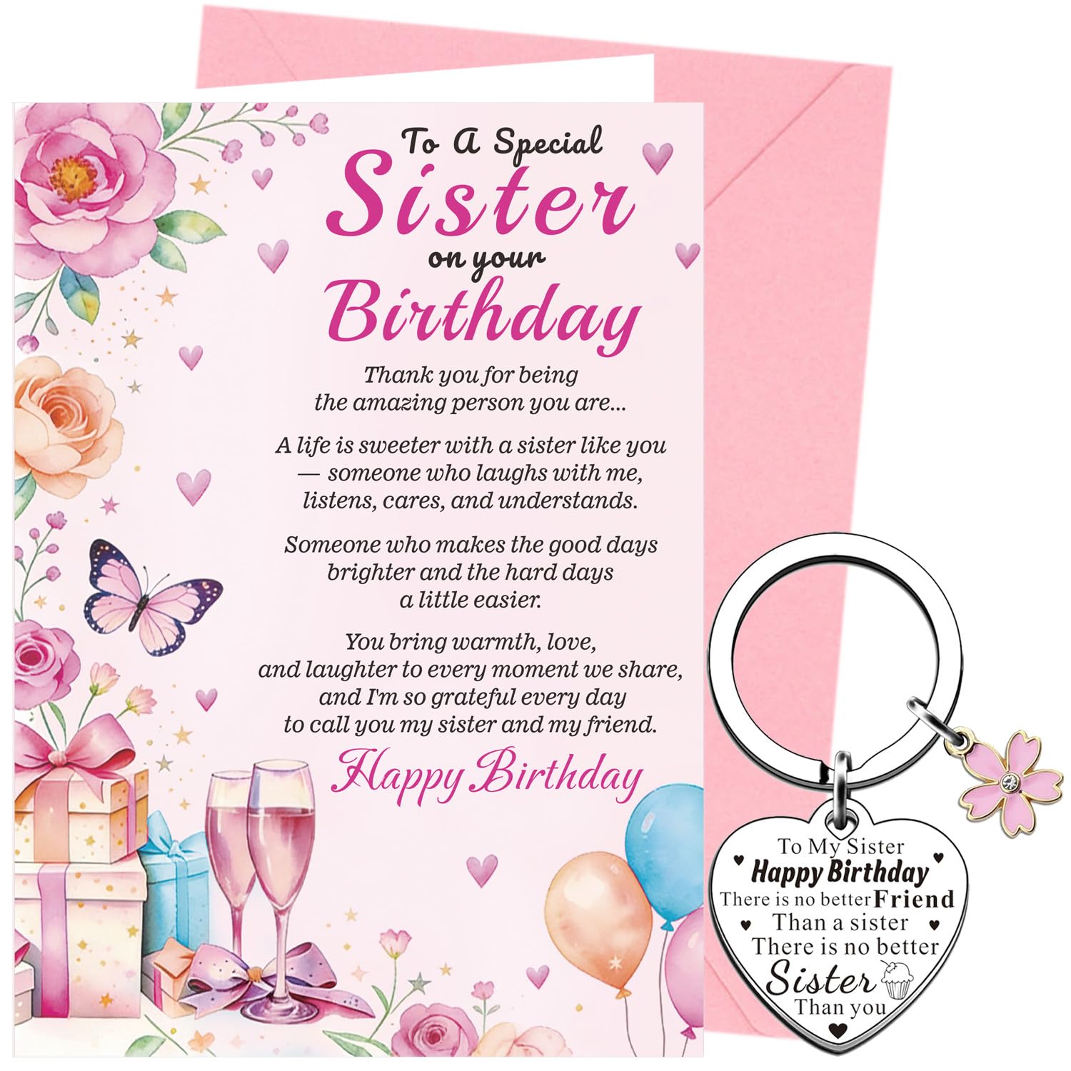 XINDY Sister Birthday Card, Sentimental Wording & Floral Design Happy Birthday Card Sister Keyring Gifts for Her Women with Envelope
