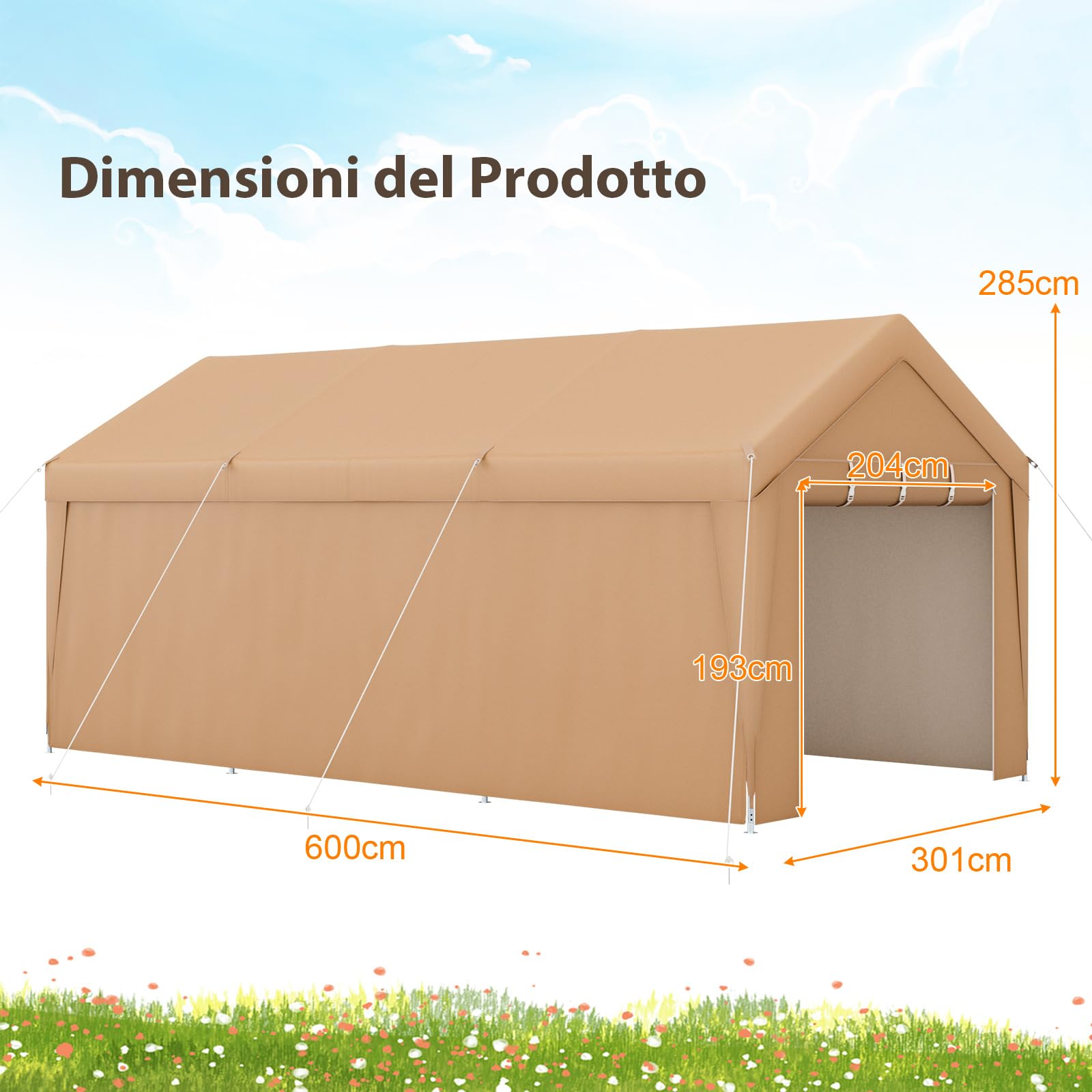 COSTWAY Gazebo Tenda per Posto Auto da Esterno, Carport Tenda Impermeabile in Metallo, Tendone Garage per Auto, Moto, 301 x 600 x 285 cm