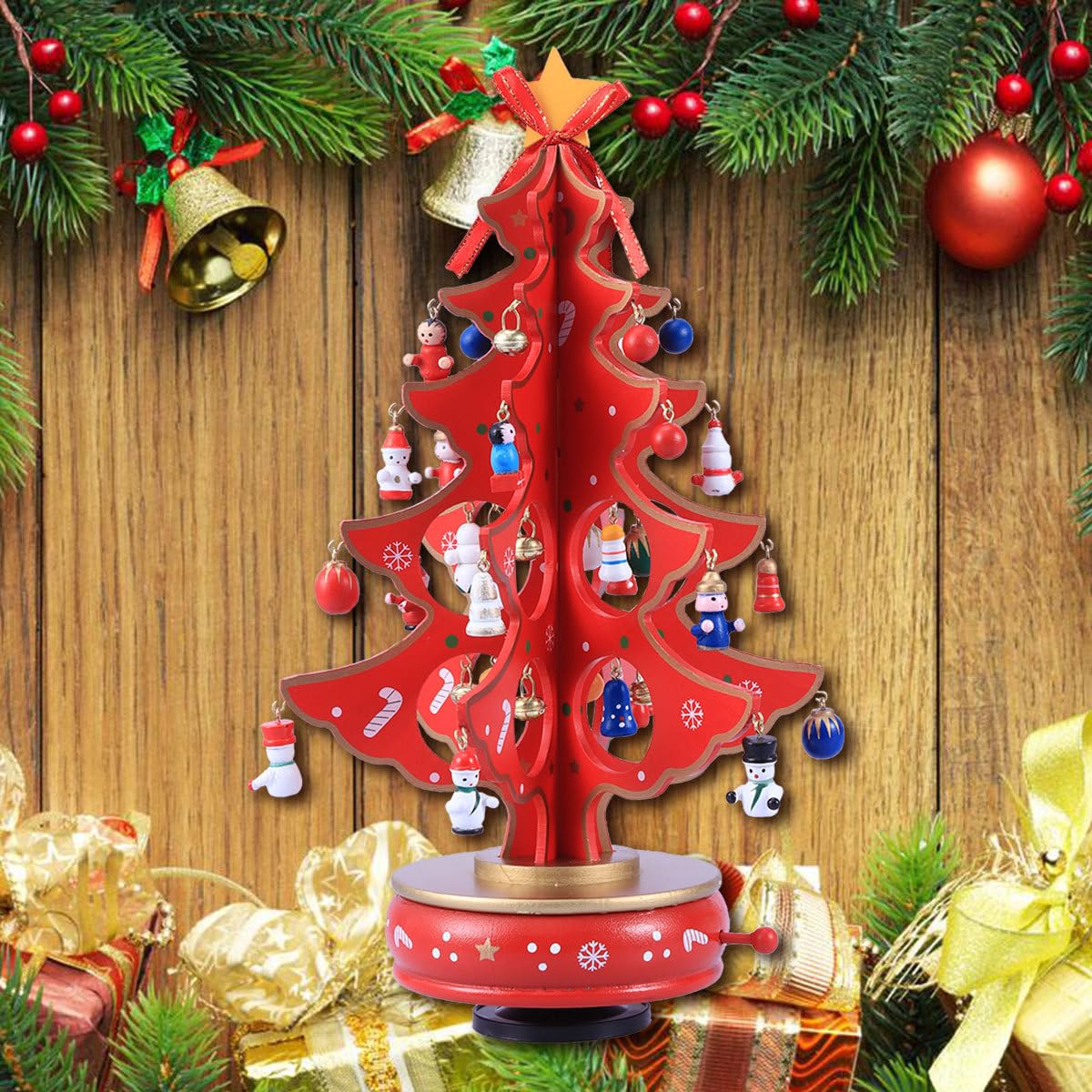 Cabilock Christmas Tree Classic Music Box Wooden Clockwork Design Christmas Tree With Snowman Pendants Miniature Handmade Melody Box Ornaments for Holiday Festival Red - Image 2