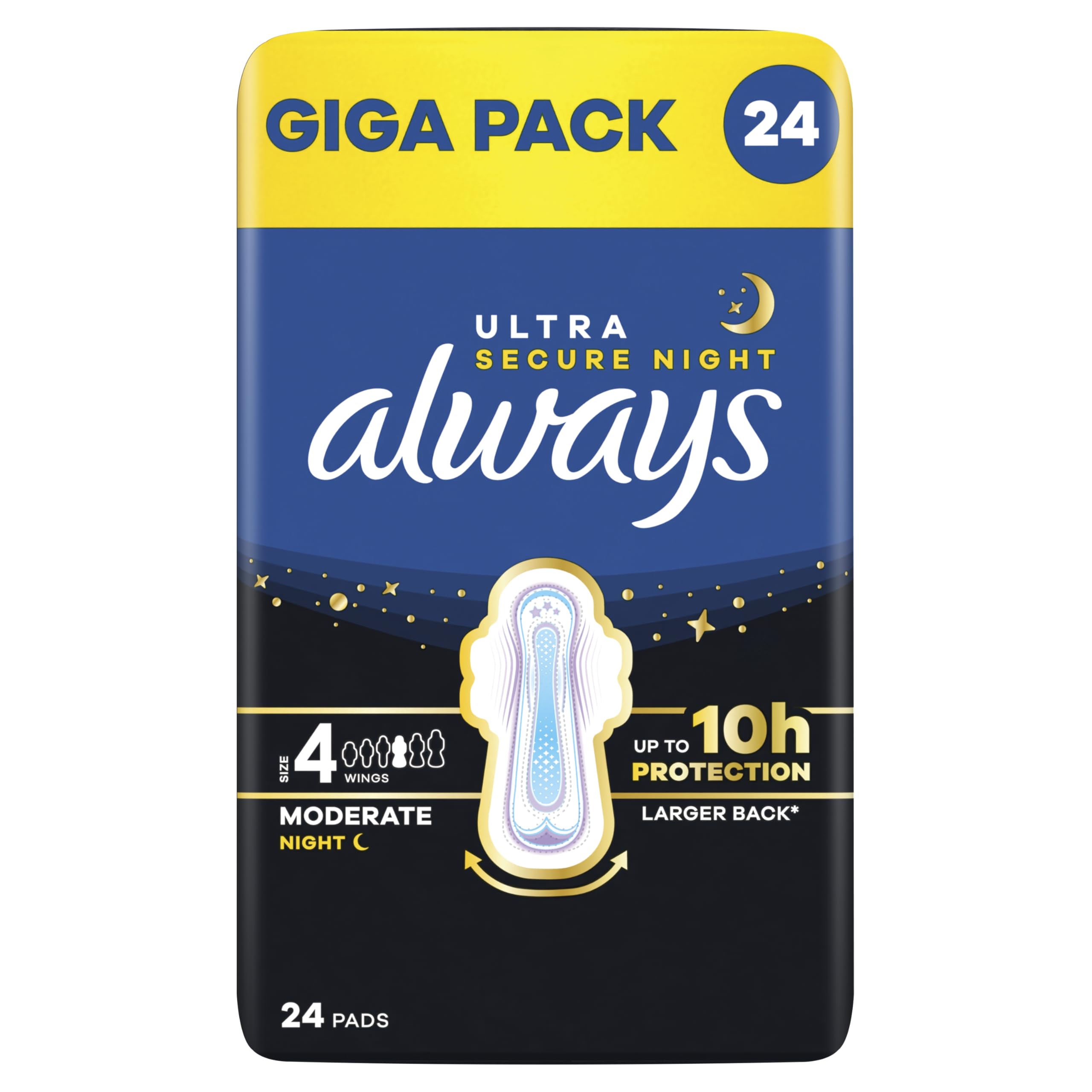 Always Ultra Binden damskie rozm. 4, Secure Night (24 podpaski higieniczne ze skrzydełkami) Giga Pack, cienkie i super chłonne, neutralizujące zapachy i ochrona przed wyciekiem