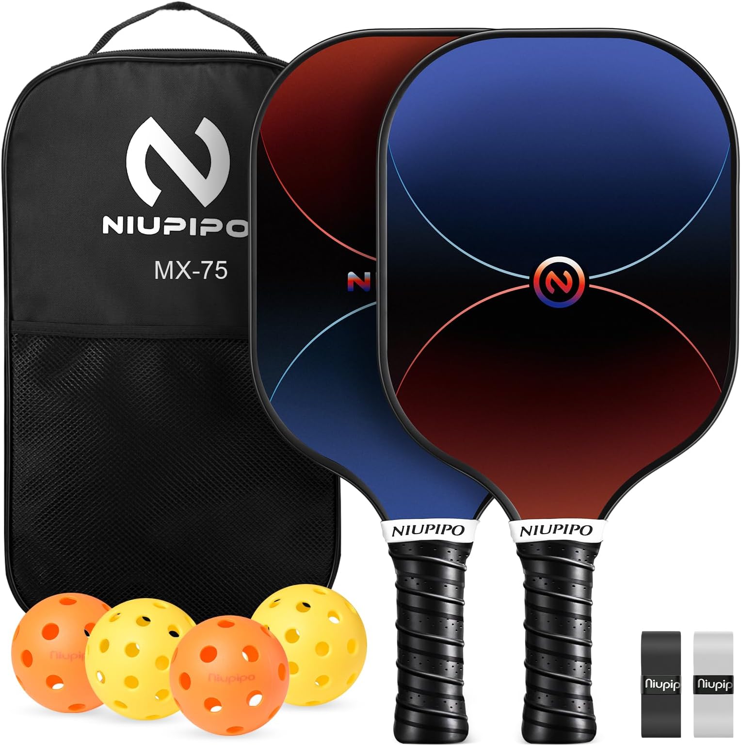 niupipo Pickleball Paddles Set of 2/4/1, USAPA Approved Carbon Fiber & Fiberglass Hybrid, Easy Power, Polypropylene Honeycomb Core, Cushioned 4.72" Grip, Bag/Cover, Pickleball Paddle Set for Men Women