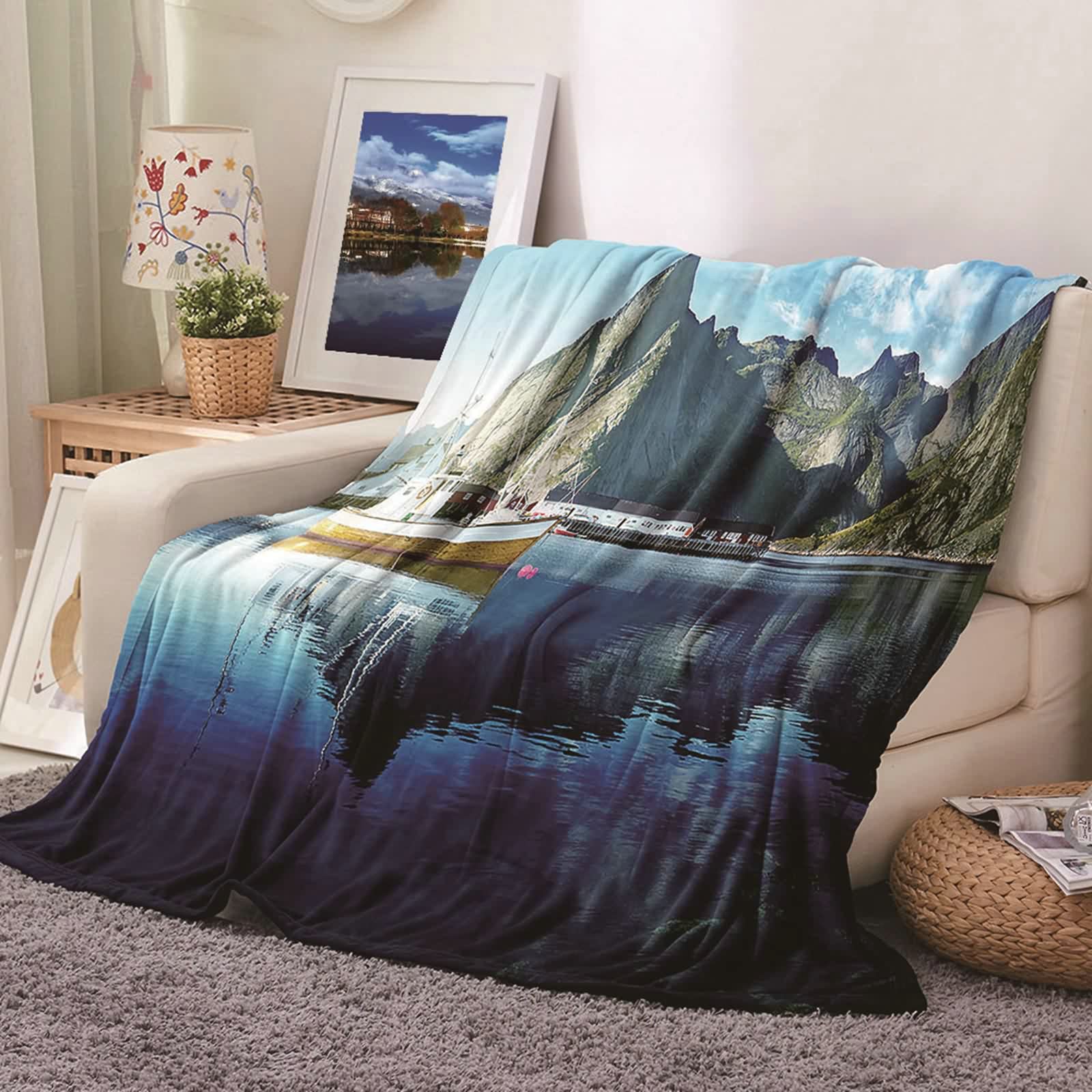 Aeici Couverture Polaire, Couverture Enfant Polaire Couverture 180x200 cm Lac Bateau Montagne Couverture de Canapé Cadeau pour Adultes et Enfants