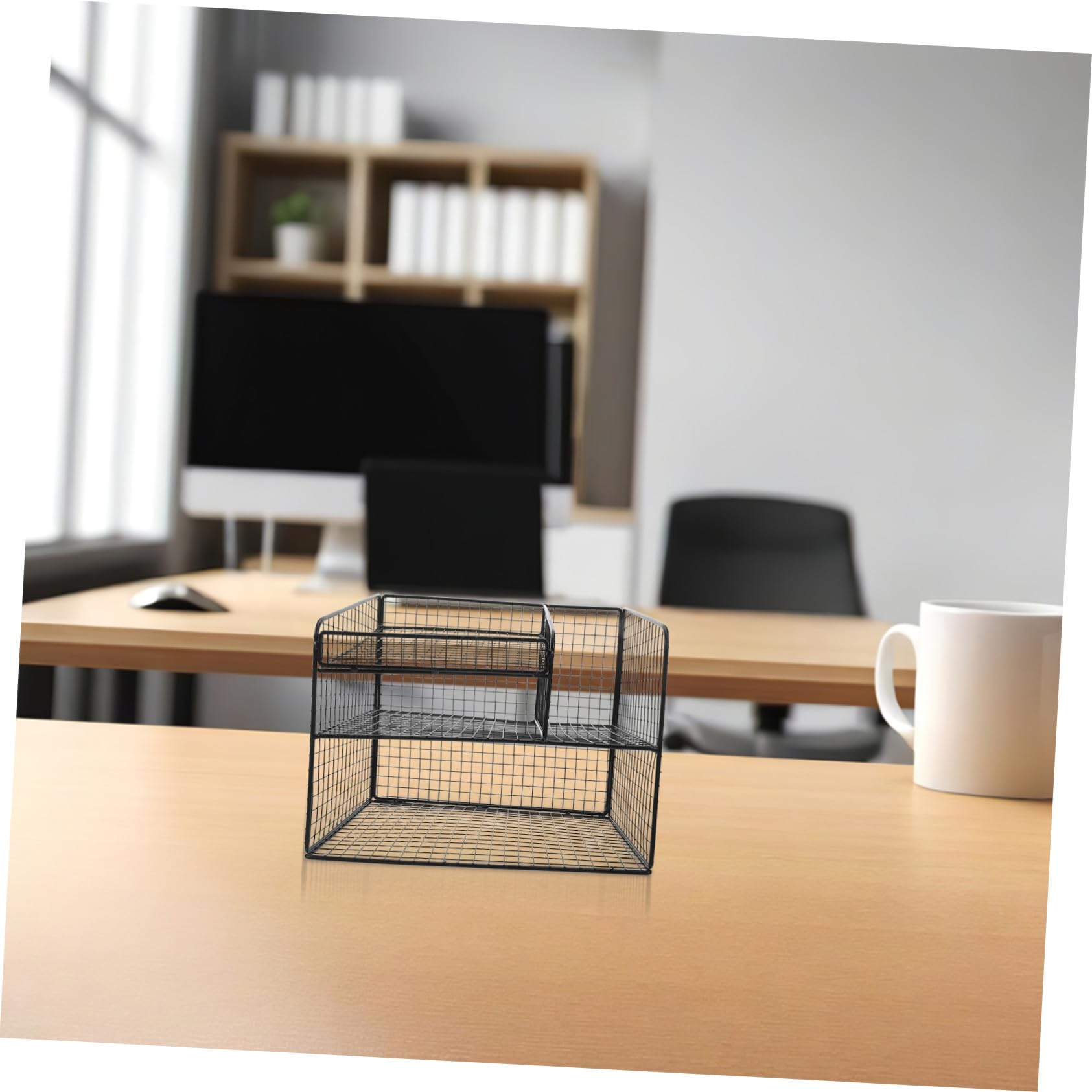 Organiseur de Bureau Noir Moyen avec Support Téléphone Plateau à Courrier et Range-documents Maille Métallique Organiseur de Fichiers Robuste pour Espace de Travail et Rangement de