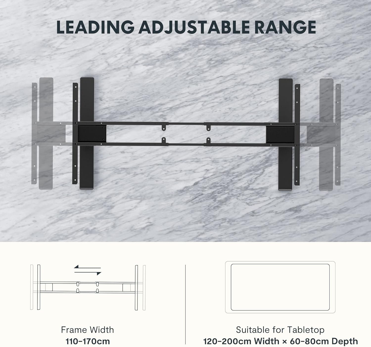 Diagram showing the adjustable frame width from 110-170cm and suitable tabletop dimensions of 120-200cm width x 60-80cm depth.