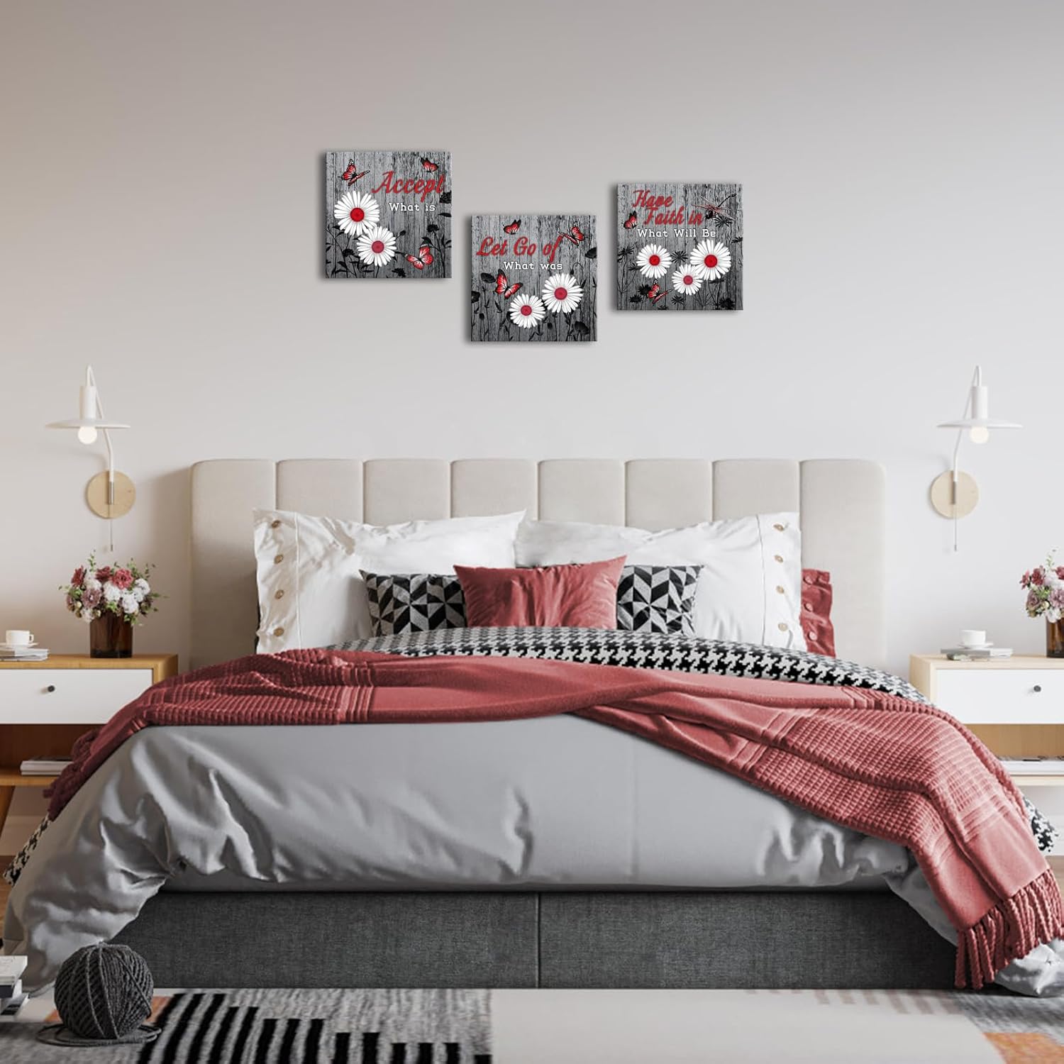 SkenoArt Flower Wall Art for Bedroom Grey and Red Butterfly Canvas Paintings Daisy Floral Quotes Inspirational Pictures Prints Home Farmhouse Bathroom Decor Ready to Hang 12x12inchx3pcs - Image 5
