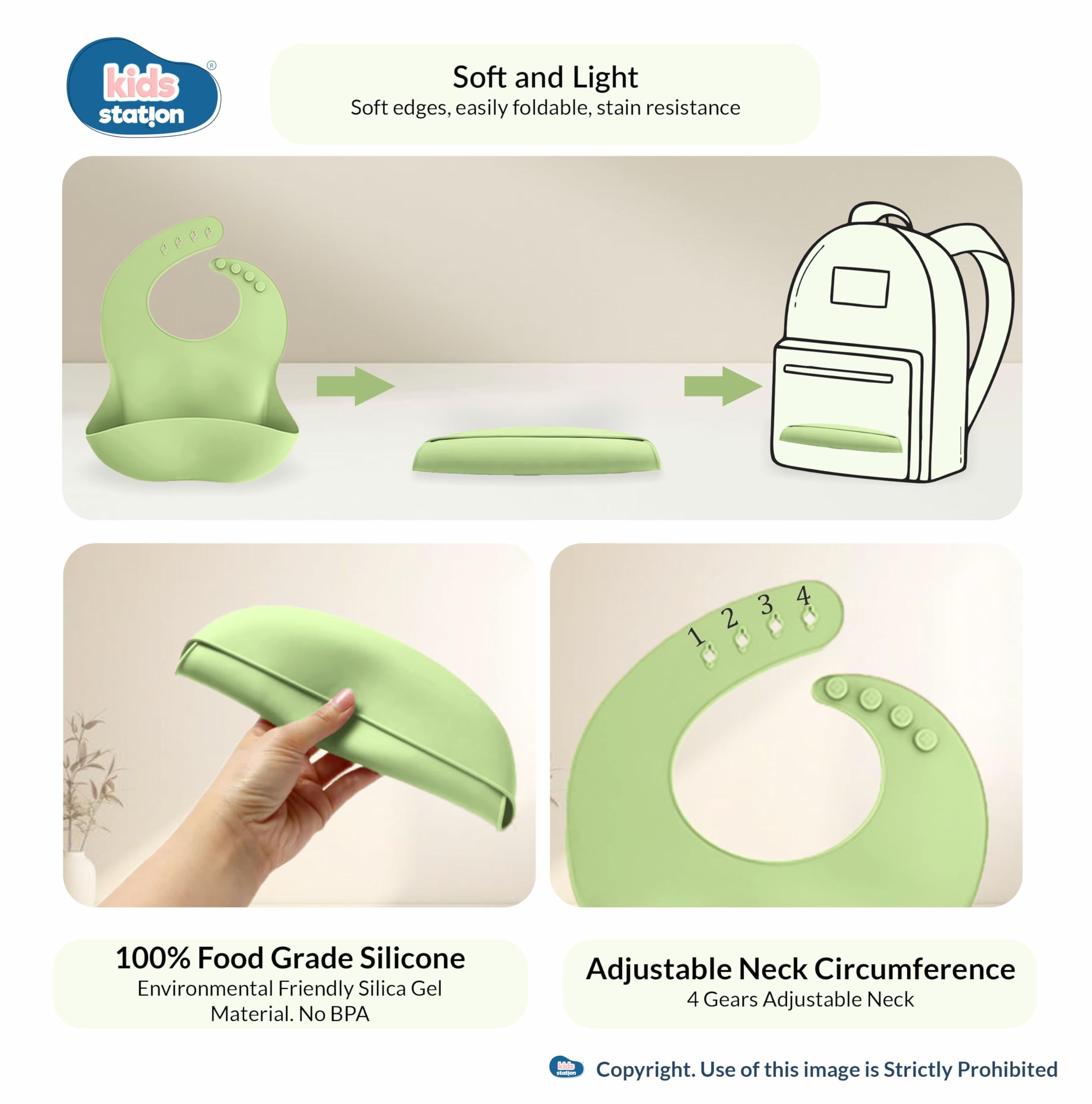 Kids Station 8-Piece Silicone Baby Feeding Set | Suction Bowl, Plate, Bib, Cup, Spoon & Fork | 100% Food Grade BPA-Free Silicone | Non-Slip, Easy to Clean (Pack of 8, Green) 2