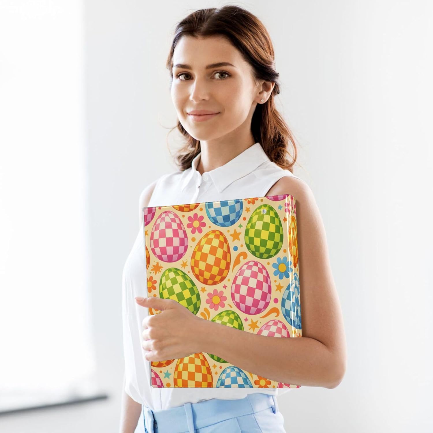 Easter Colorful Checkered Egg 3 Ring Binders, 1.5” Round Ring Binders with Clipboard - Letter Size, 3 Interior PVC Clear Pockets & Anti-Slip Clip for Office School Supplies, 2PCS